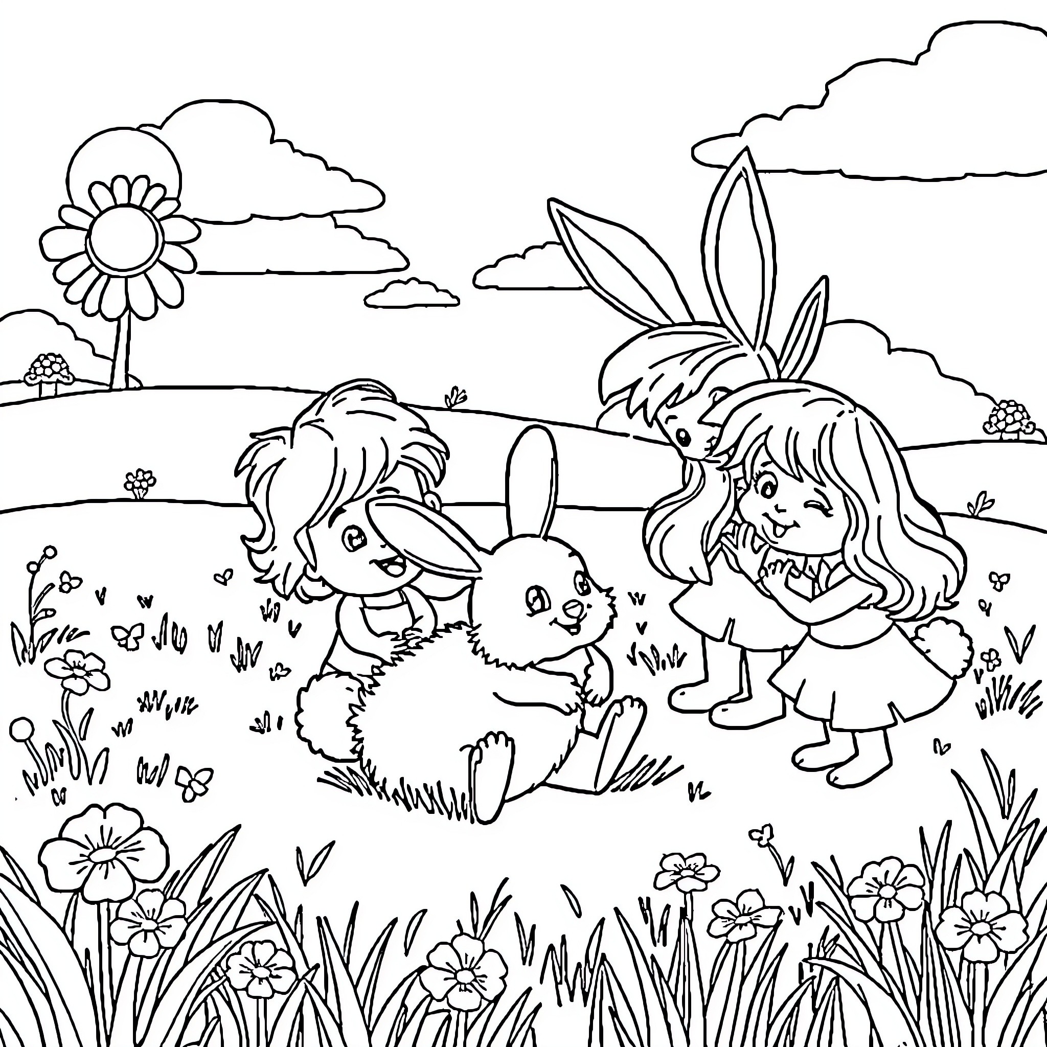 Huntrix Playful Adventure in Enchanted Meadow Coloring Page (free black-and-white line drawing printable PDF for all, from beginners to advanced learners, including children, teens, adults, and seniors)