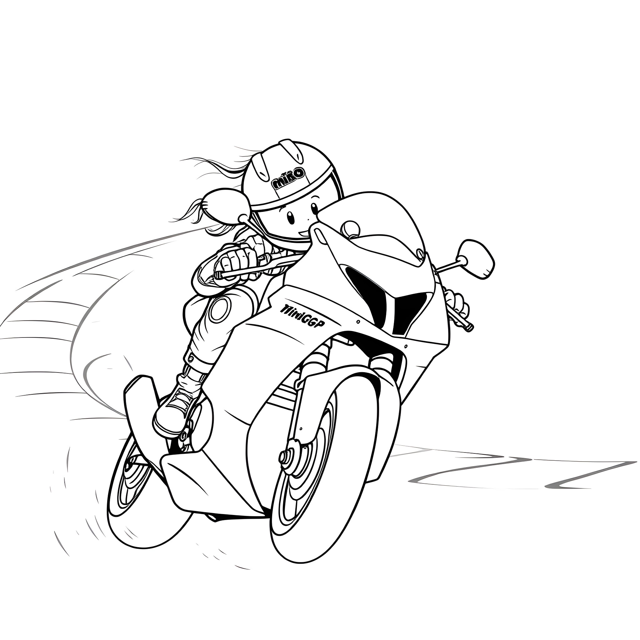Minigp Motorbike Racing Rider Speeding on Track Coloring Page (free black-and-white line drawing printable PDF for all, from beginners to advanced learners, including children, teens, adults, and seniors)