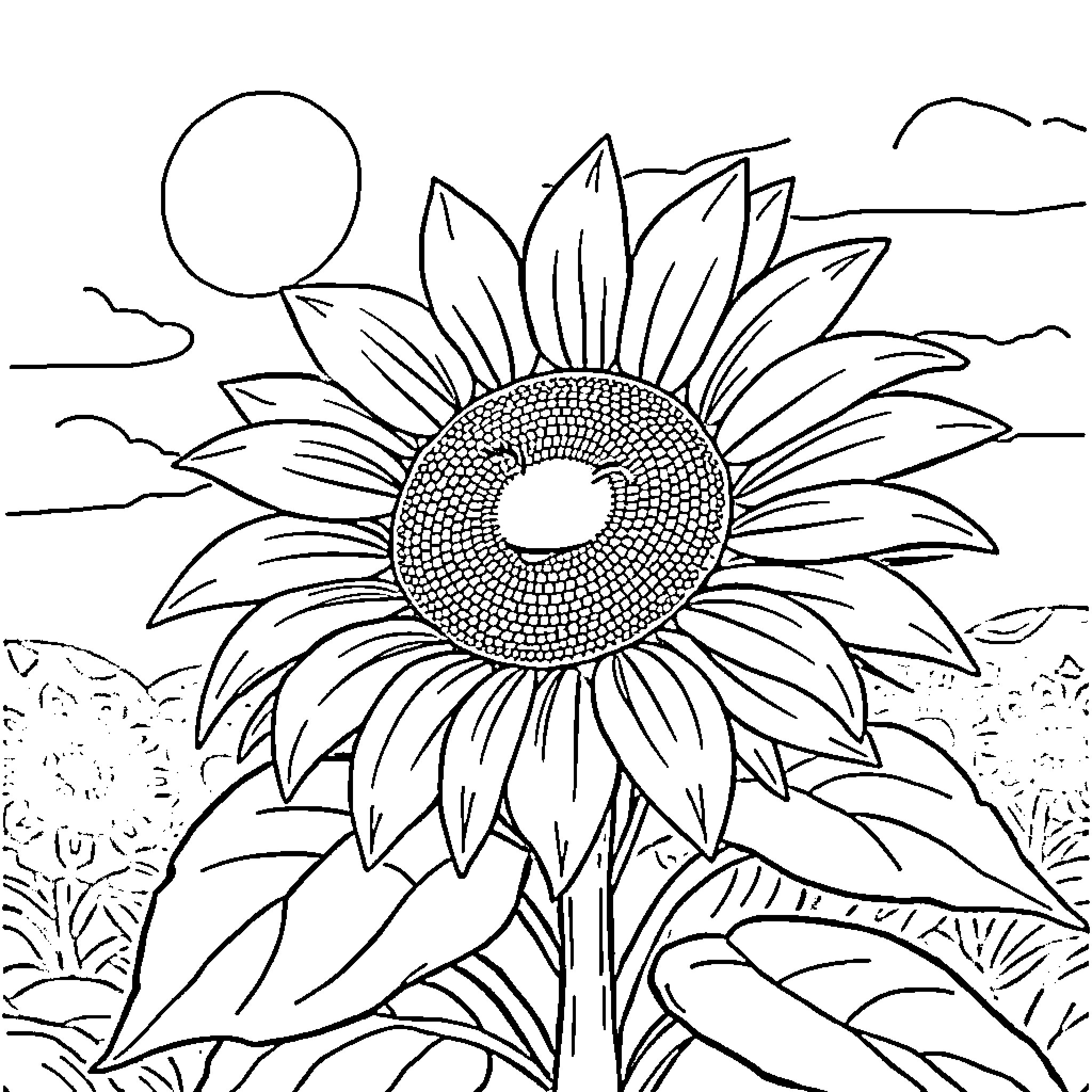 Sunflower in the Sunshine Coloring Page (free black-and-white line drawing printable PDF for all, from beginners to advanced learners, including children, teens, adults, and seniors)