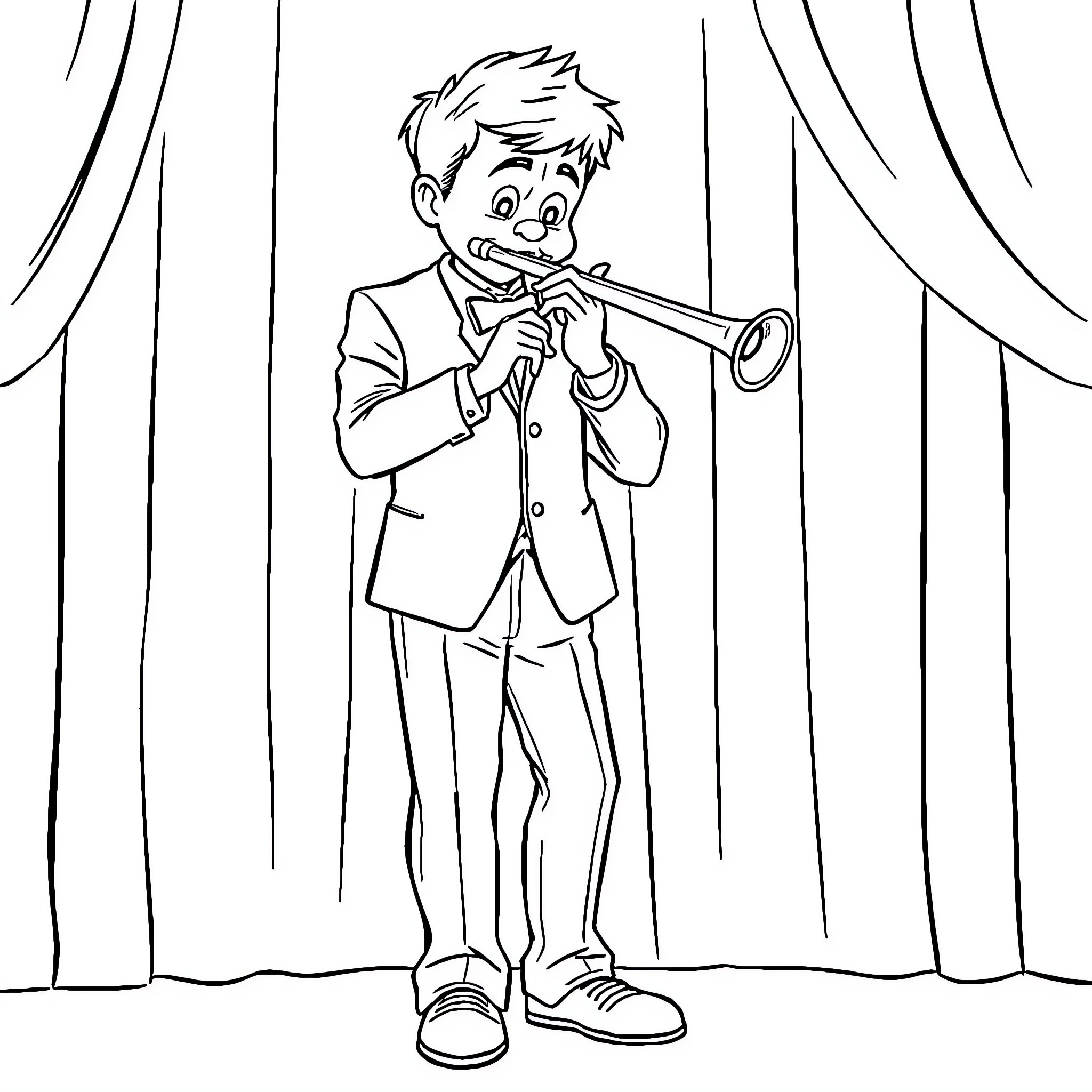 Piccolo playing a musical instrument on stage Coloring Page (free black-and-white line drawing printable PDF for all, from beginners to advanced learners, including children, teens, adults, and seniors)