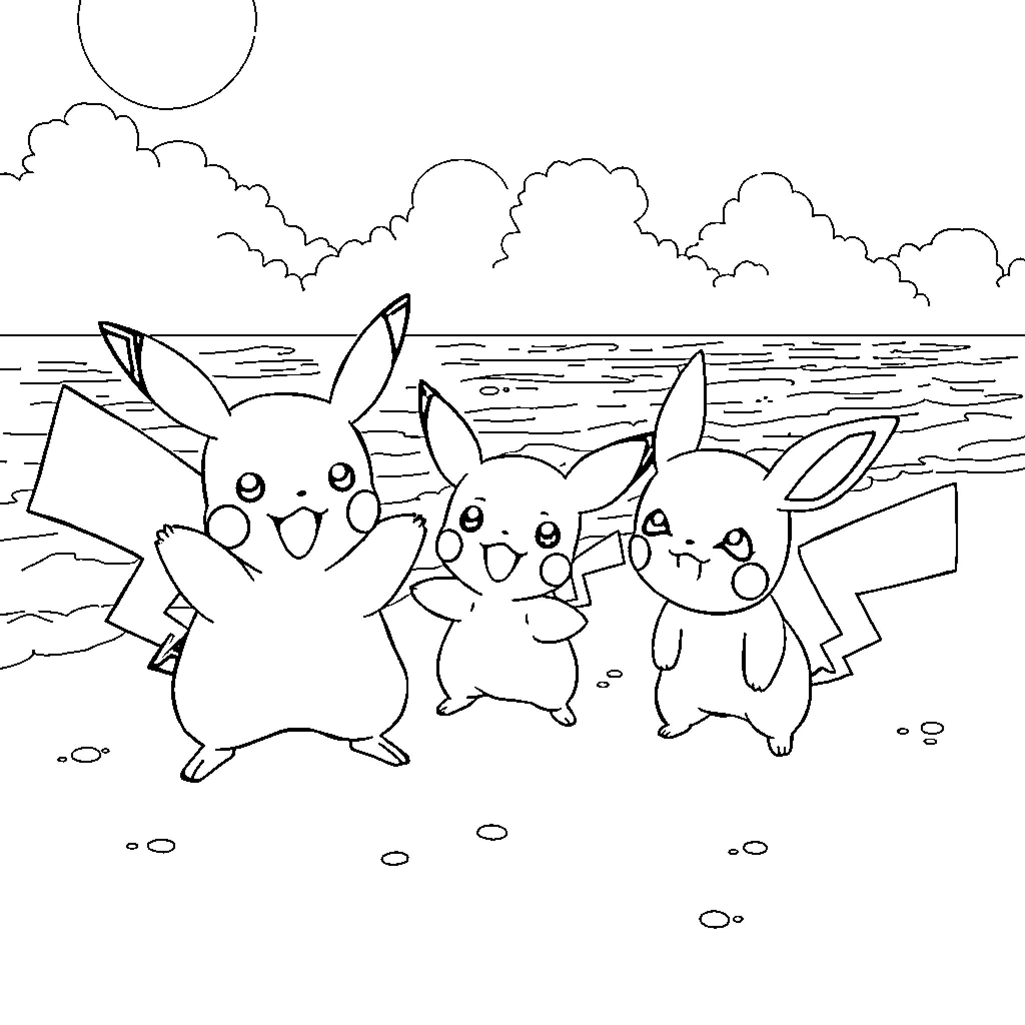 Pikachu and Friends Frolicking on the Beach Coloring Page (free black-and-white line drawing printable PDF for all, from beginners to advanced learners, including children, teens, adults, and seniors)