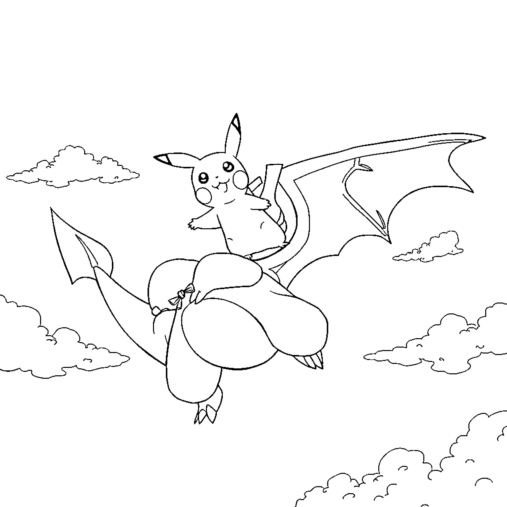 Pikachu soaring through the skies on a dragon Coloring Page (free black-and-white line drawing printable PDF for all, from beginners to advanced learners, including children, teens, adults, and seniors)