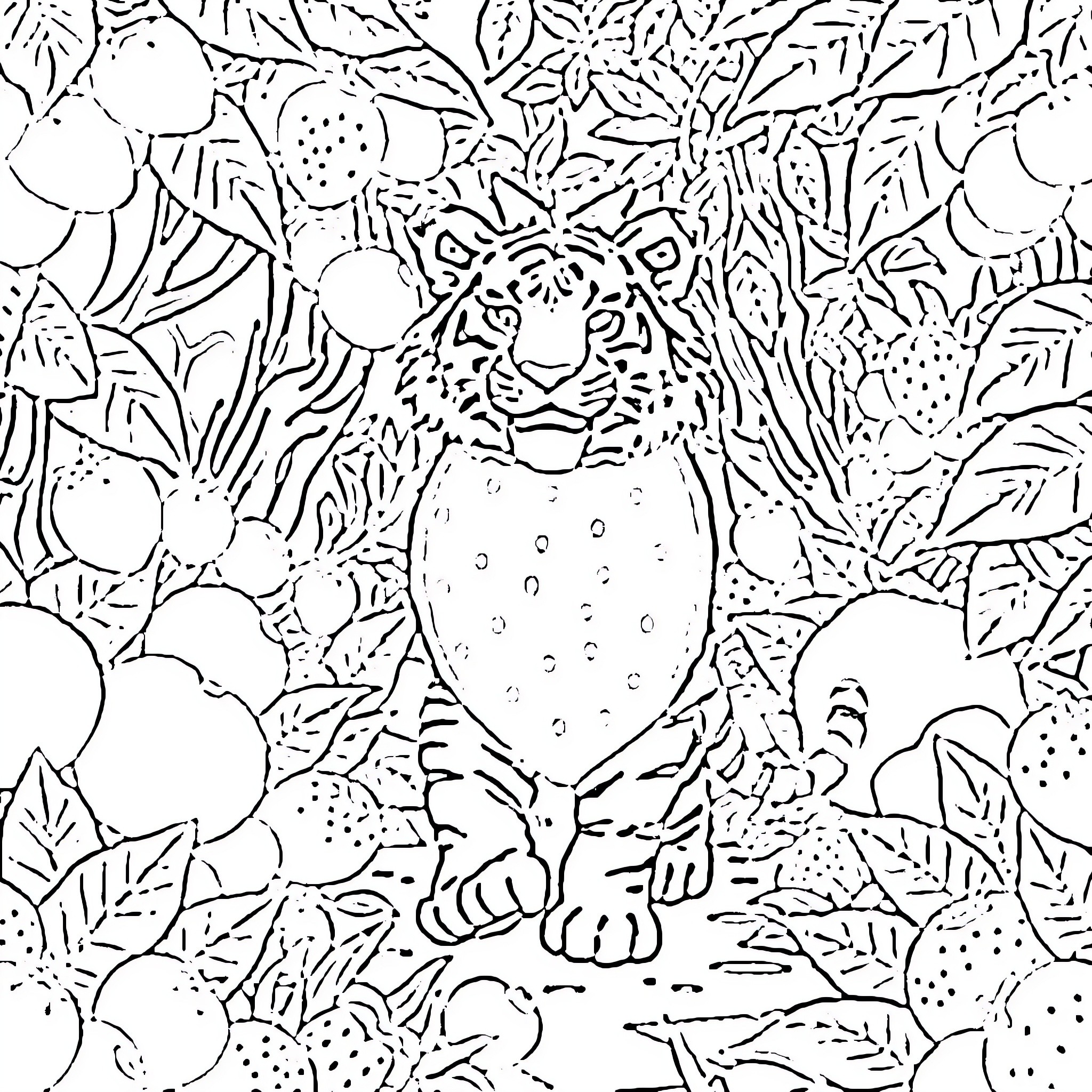 Tiger Peeking Through the Lush Foliage Coloring Page (free black-and-white line drawing printable PDF for all, from beginners to advanced learners, including children, teens, adults, and seniors)