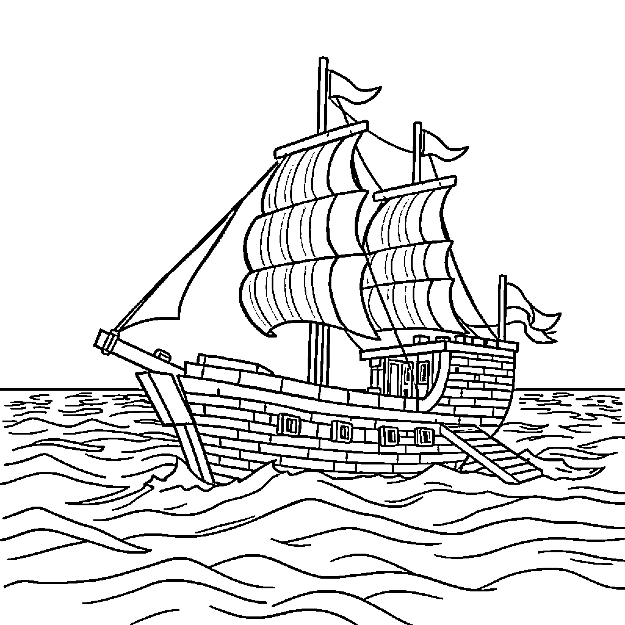 Pirate Ship Sailing Across the Open Seas Coloring Page (free black-and-white line drawing printable PDF for all, from beginners to advanced learners, including children, teens, adults, and seniors)