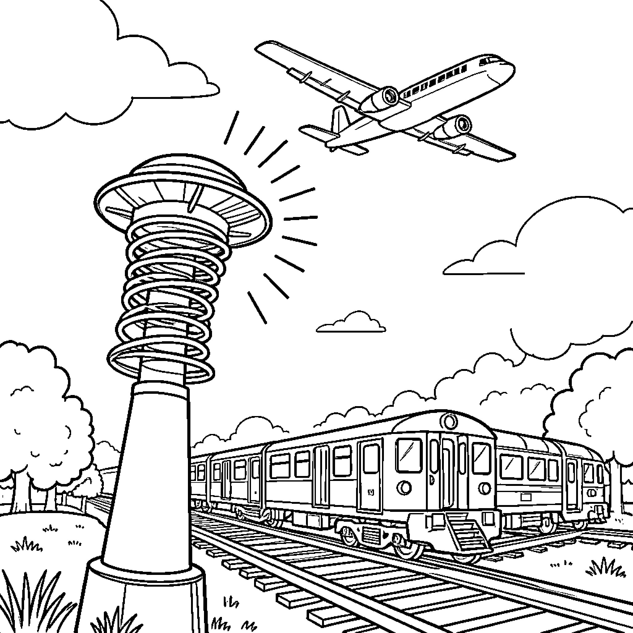 Siren sounding near a train and airplane Coloring Page (free black-and-white line drawing printable PDF for all, from beginners to advanced learners, including children, teens, adults, and seniors)