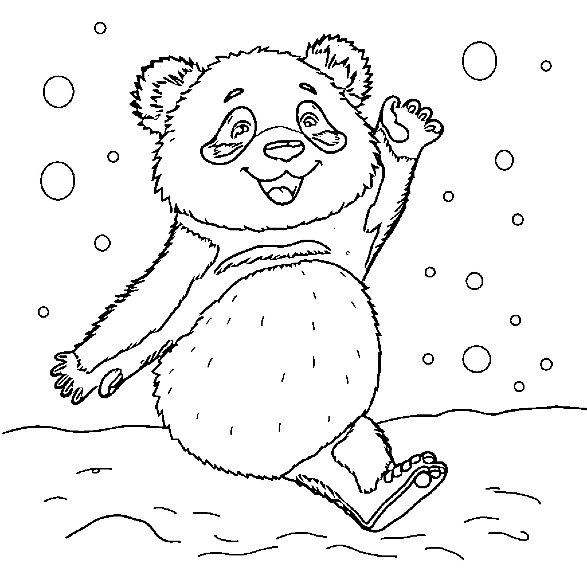 Panda playing joyfully in the snow Coloring Page (free black-and-white line drawing printable PDF for all, from beginners to advanced learners, including children, teens, adults, and seniors)