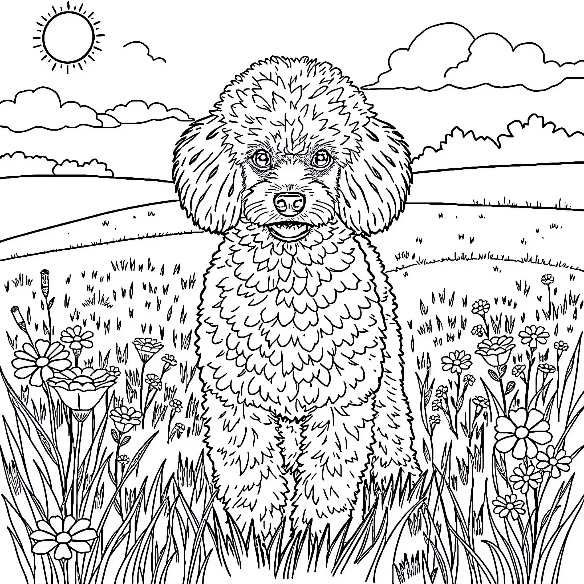 Poodle exploring a sunny meadow Coloring Page (free black-and-white line drawing printable PDF for all, from beginners to advanced learners, including children, teens, adults, and seniors)