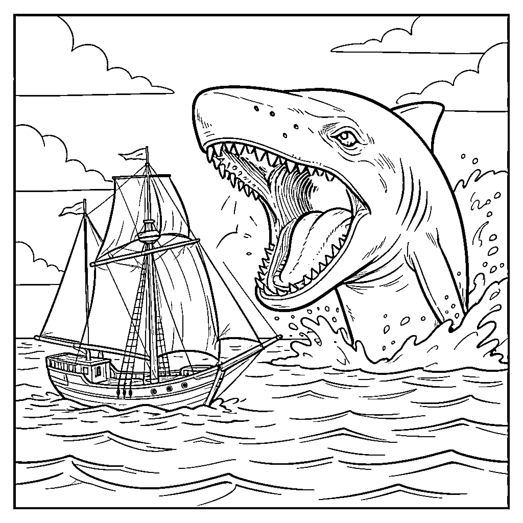 Voilier facing a massive shark emerging from waves Coloring Page (free black-and-white line drawing printable PDF for all, from beginners to advanced learners, including children, teens, adults, and seniors)