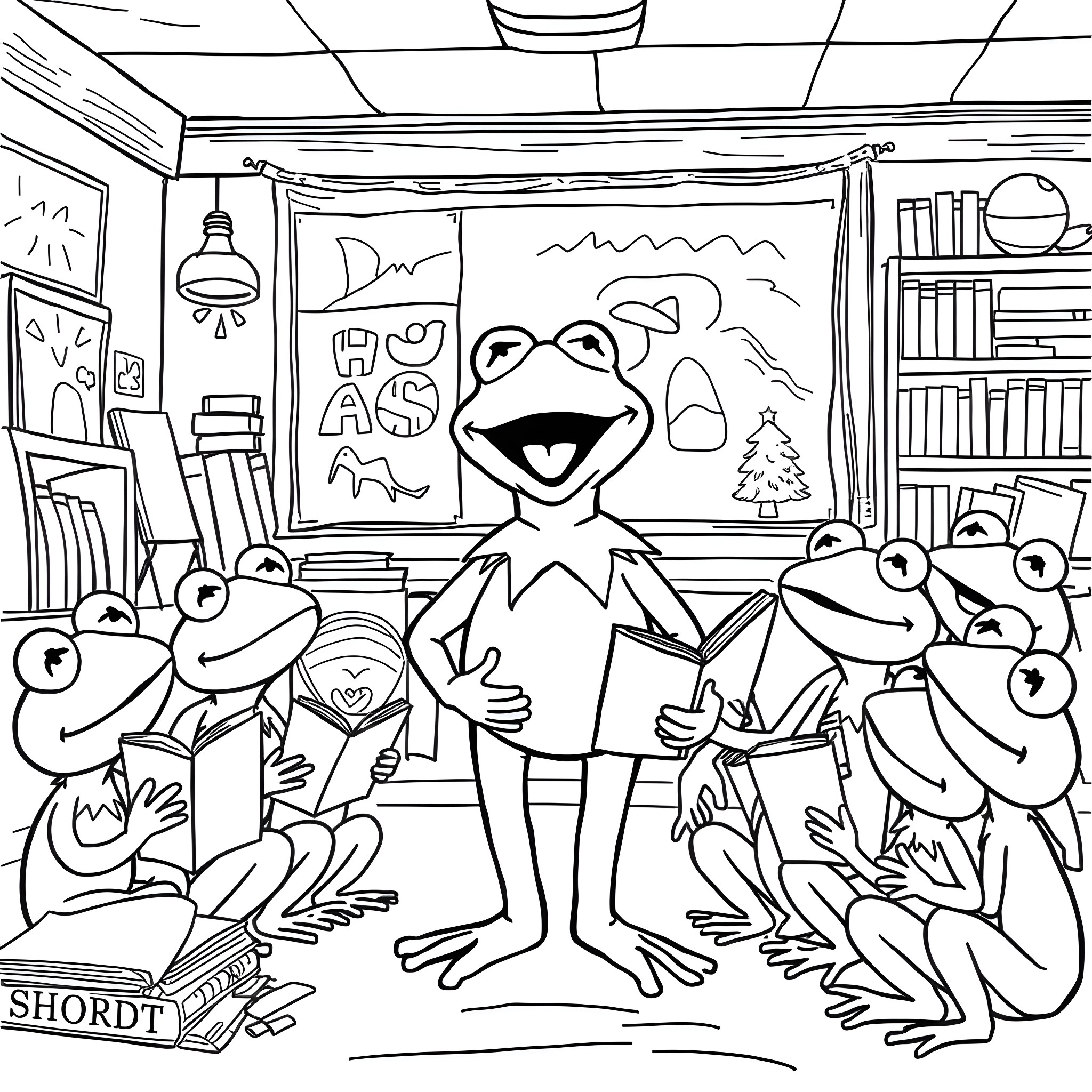 Kermit the Frog and Friends in a Cozy Living Room Coloring Page (free black-and-white line drawing printable PDF for all, from beginners to advanced learners, including children, teens, adults, and seniors)