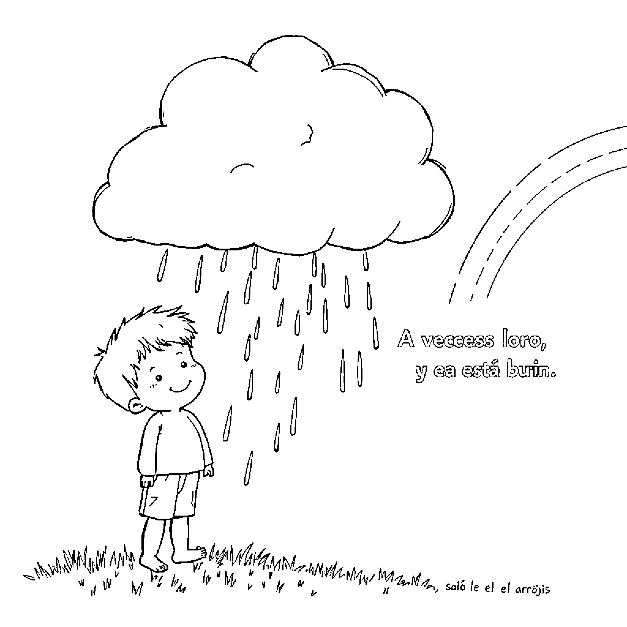 Child standing in rain under a cloud Coloring Page (free black-and-white line drawing printable PDF for all, from beginners to advanced learners, including children, teens, adults, and seniors)
