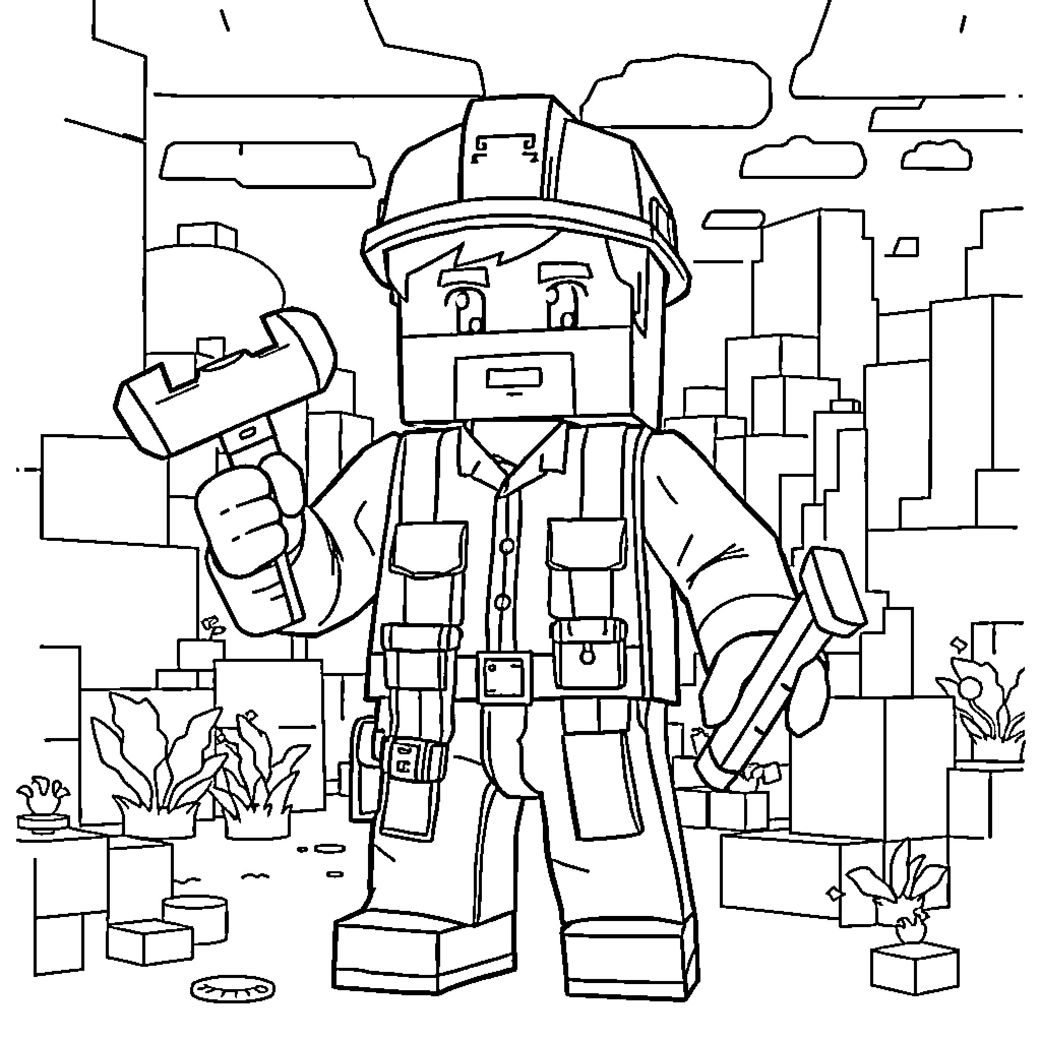 Steve the Construction Worker in a City Landscape Coloring Page (free black-and-white line drawing printable PDF for all, from beginners to advanced learners, including children, teens, adults, and seniors)