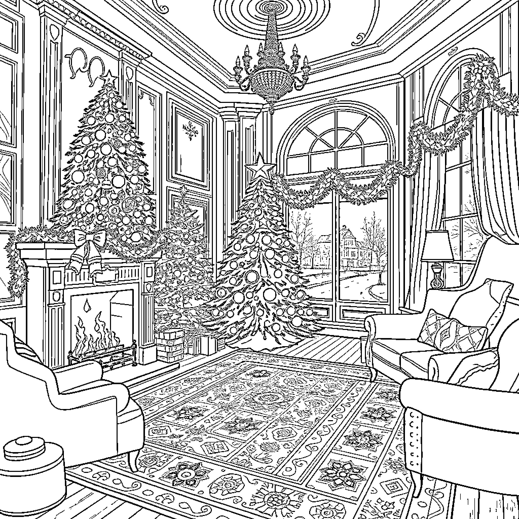Living Room with Festive Christmas Decor Coloring Page (free black-and-white line drawing printable PDF for all, from beginners to advanced learners, including children, teens, adults, and seniors)