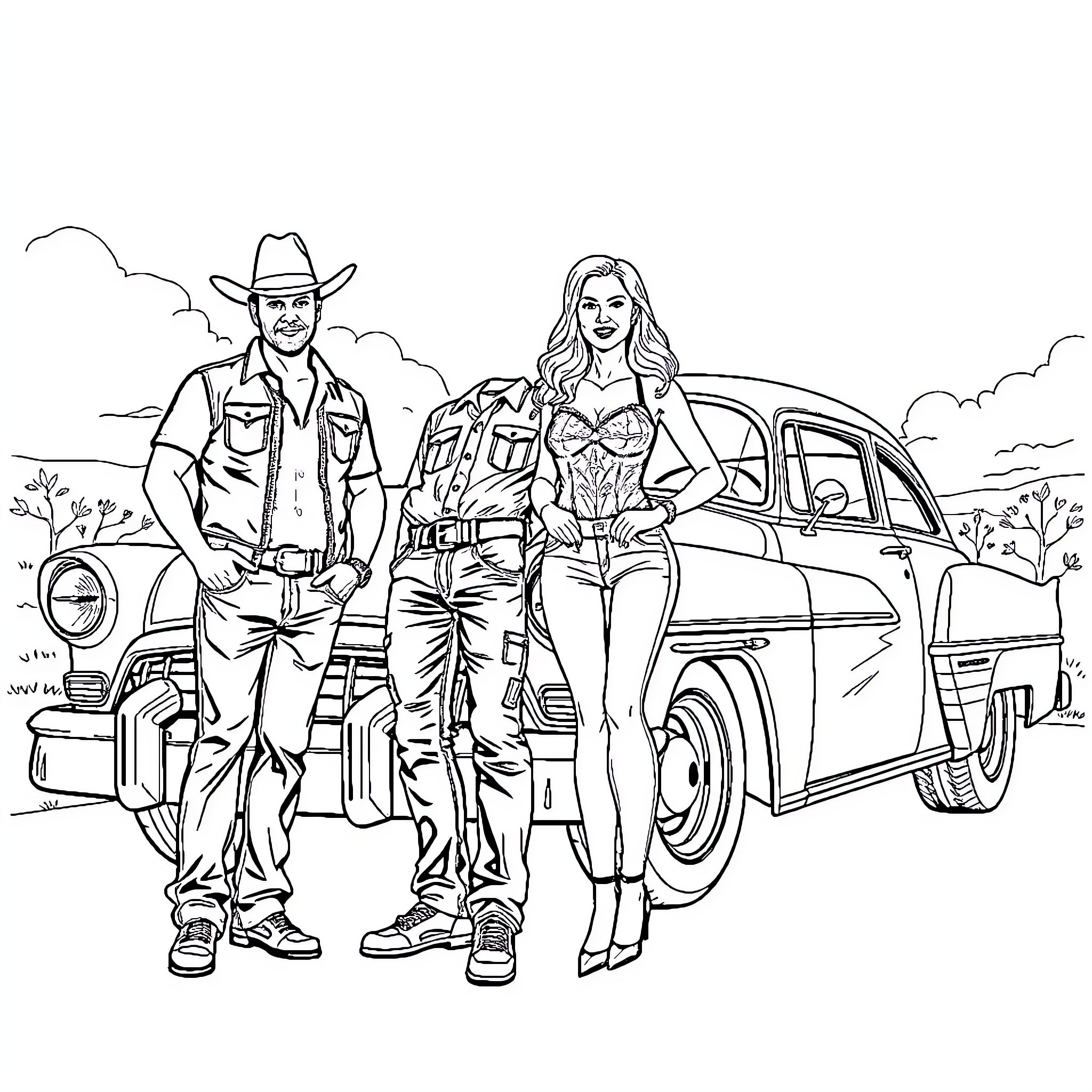 Classic Car Adventure with Cowboy and Woman Coloring Page (free black-and-white line drawing printable PDF for all, from beginners to advanced learners, including children, teens, adults, and seniors)