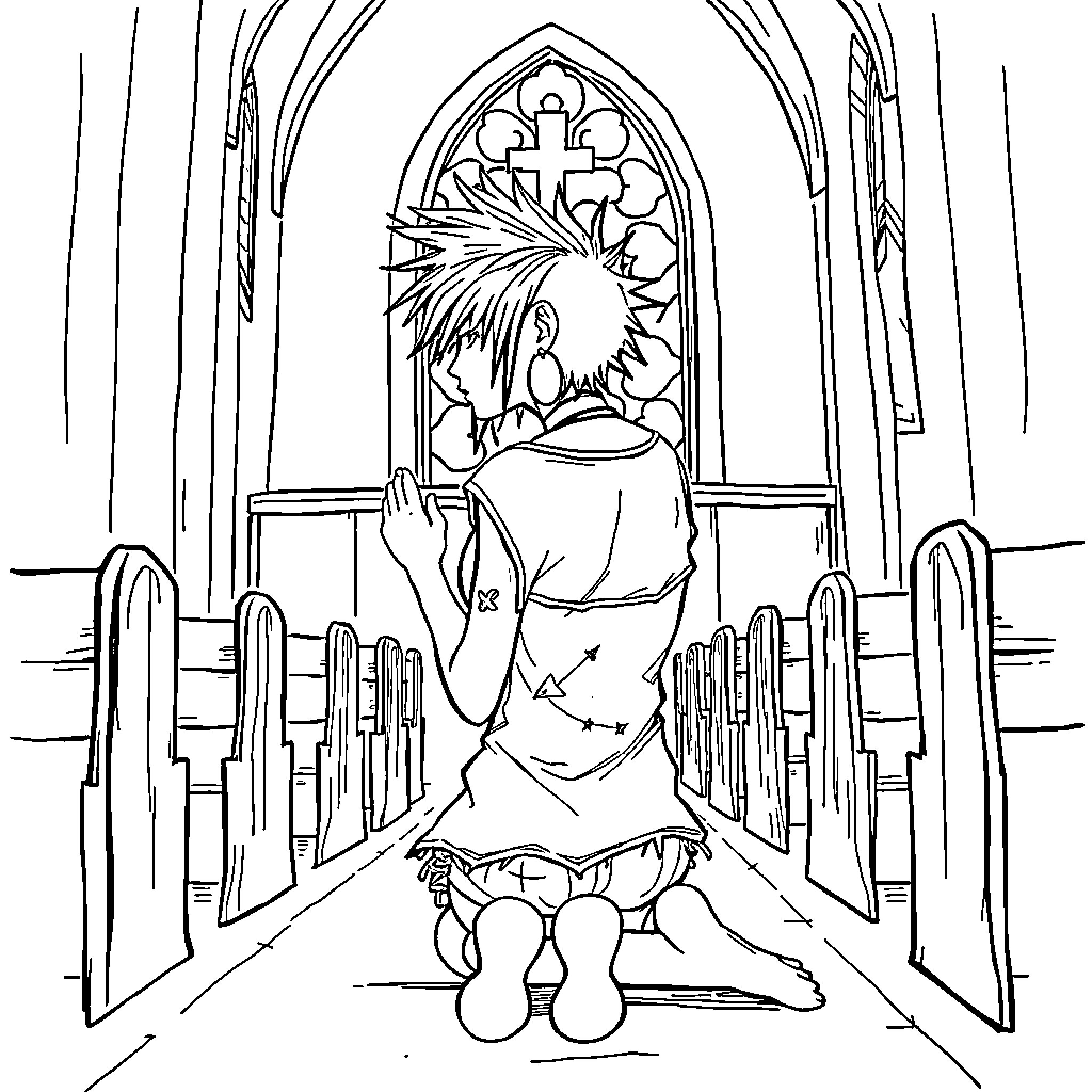 Punk Anime Character in Ornate Church Sanctuary Coloring Page (free black-and-white line drawing printable PDF for all, from beginners to advanced learners, including children, teens, adults, and seniors)
