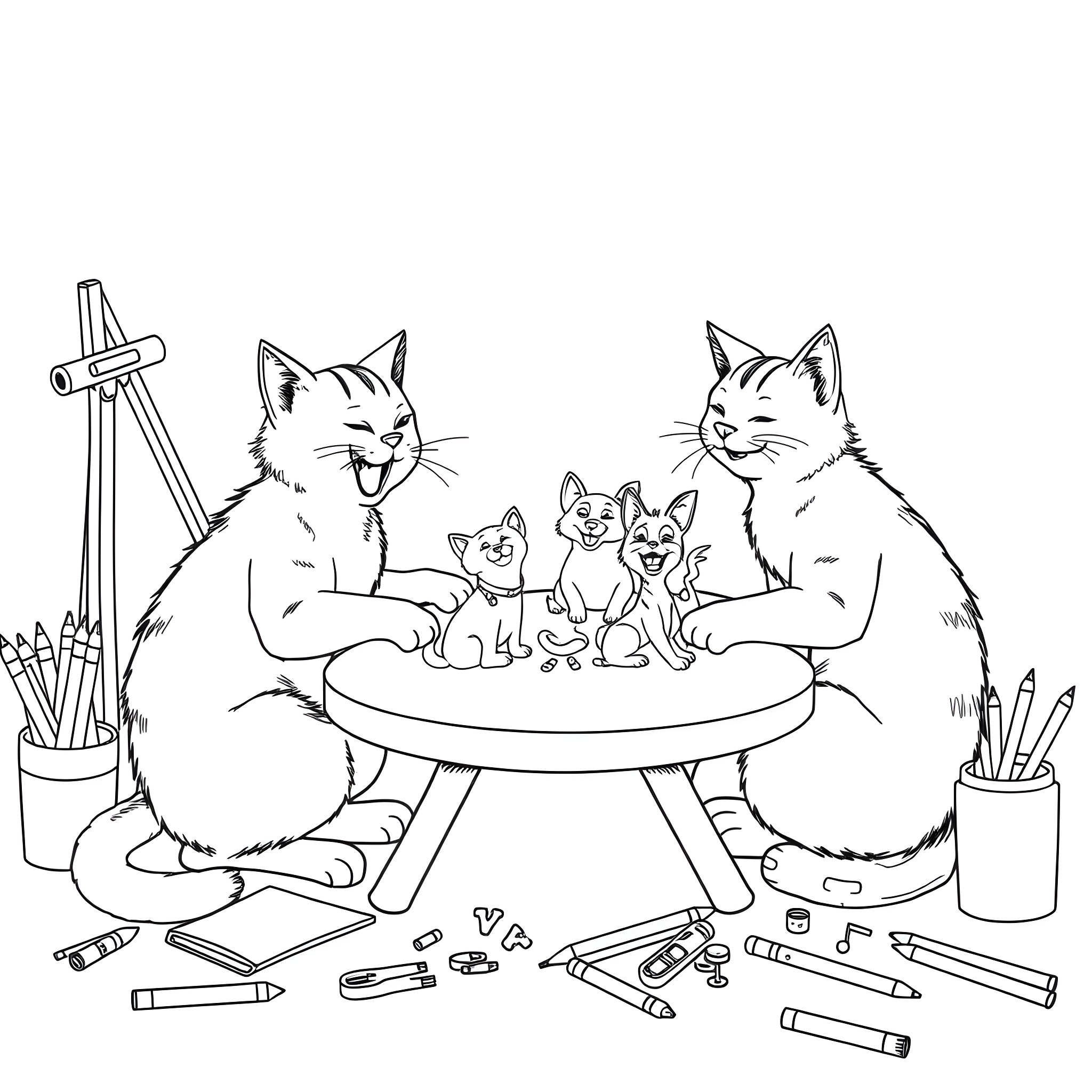 Cat family in an artistic studio Coloring Page (free black-and-white line drawing printable PDF for all, from beginners to advanced learners, including children, teens, adults, and seniors)