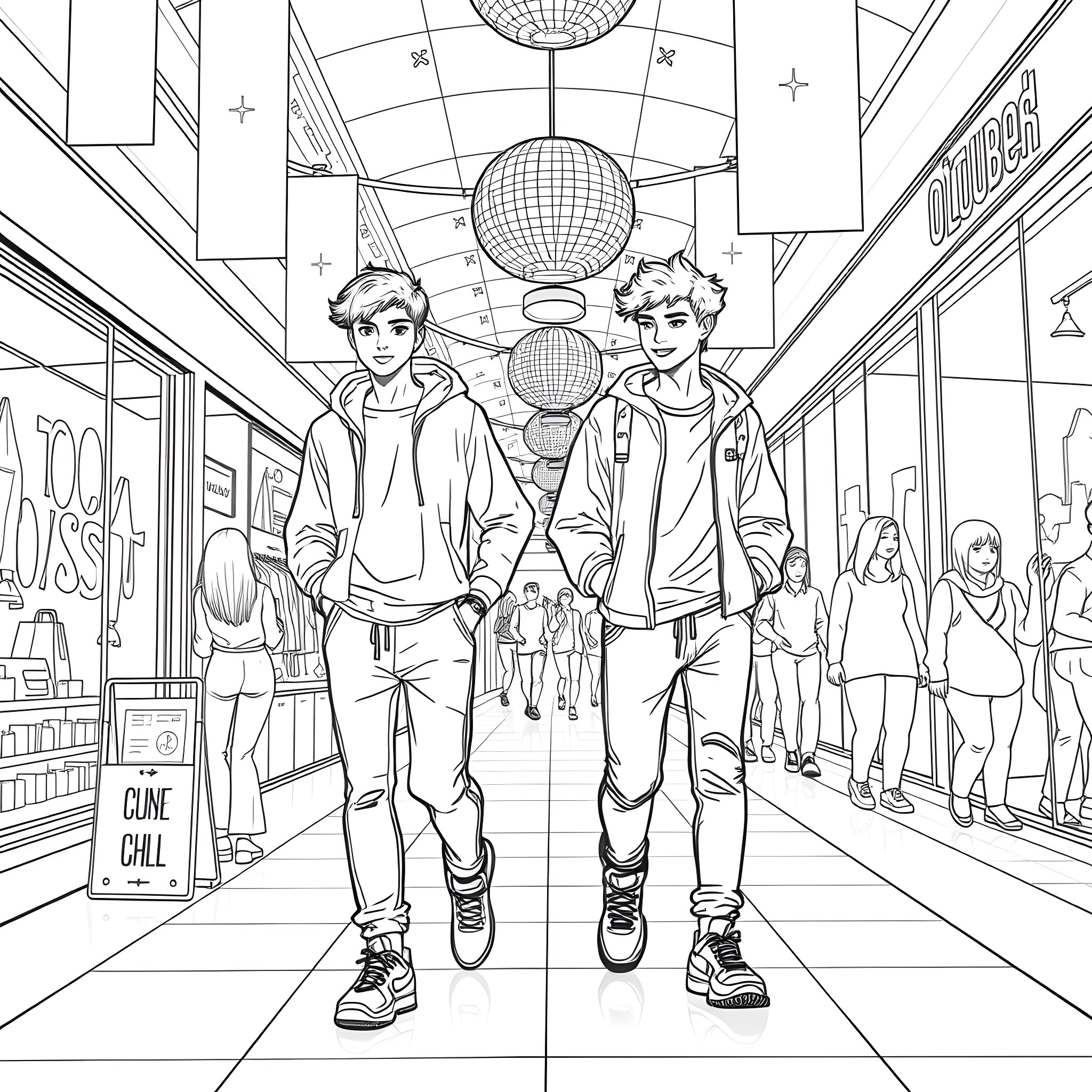 Teen Guys Walk Through Retro Sci-Fi Mall Coloring Page (free black-and-white line drawing printable PDF for all, from beginners to advanced learners, including children, teens, adults, and seniors)