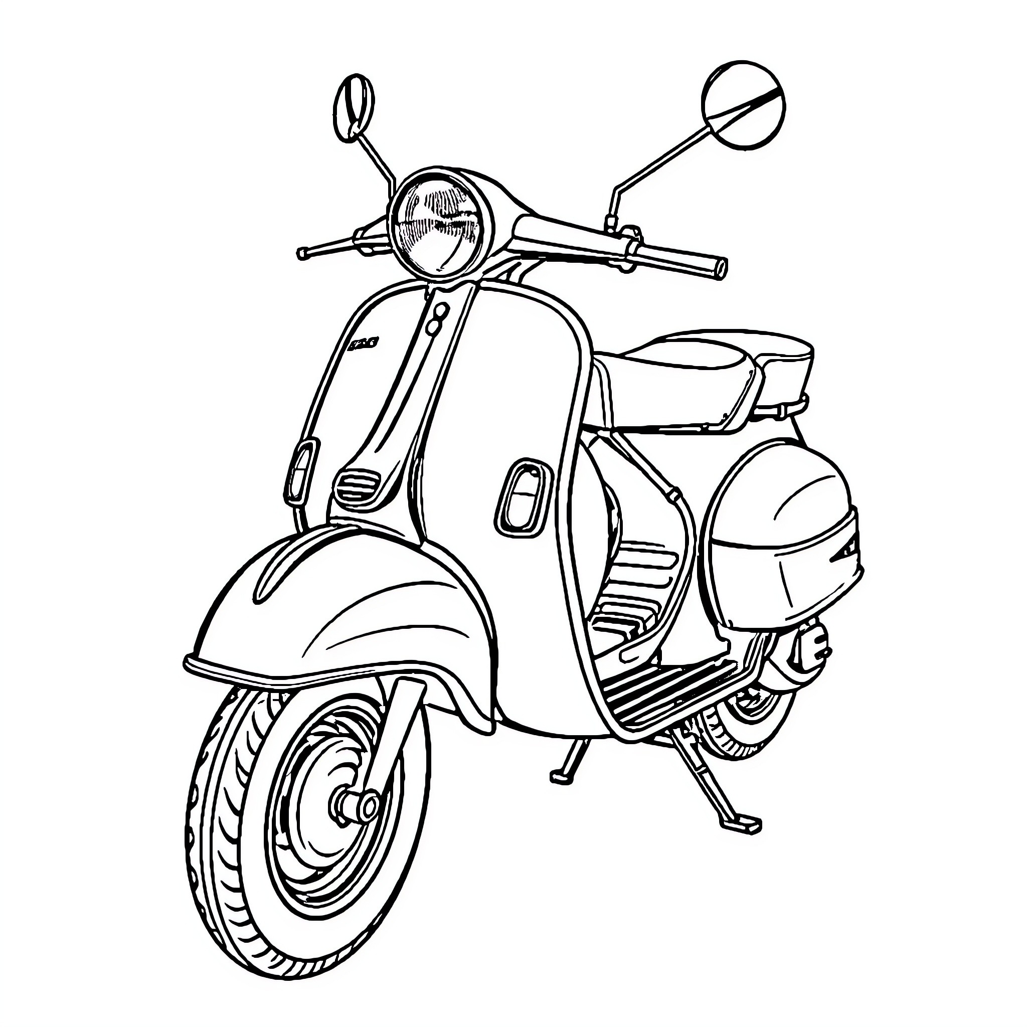 Vespa scooter depicted in line art Coloring Page (free black-and-white line drawing printable PDF for all, from beginners to advanced learners, including children, teens, adults, and seniors)
