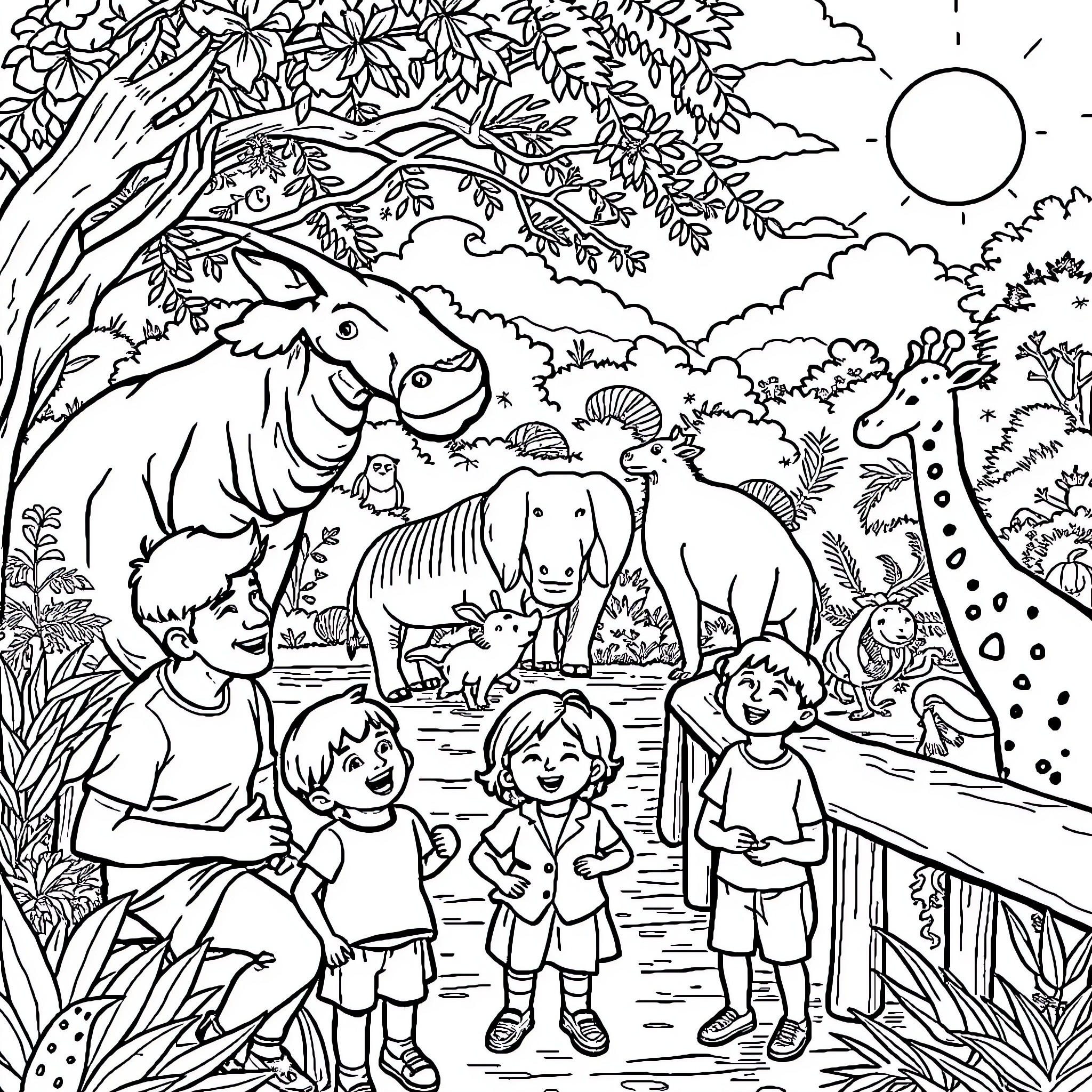 Zoo Visitors Exploring the Vibrant Wildlife Habitat Coloring Page (free black-and-white line drawing printable PDF for all, from beginners to advanced learners, including children, teens, adults, and seniors)