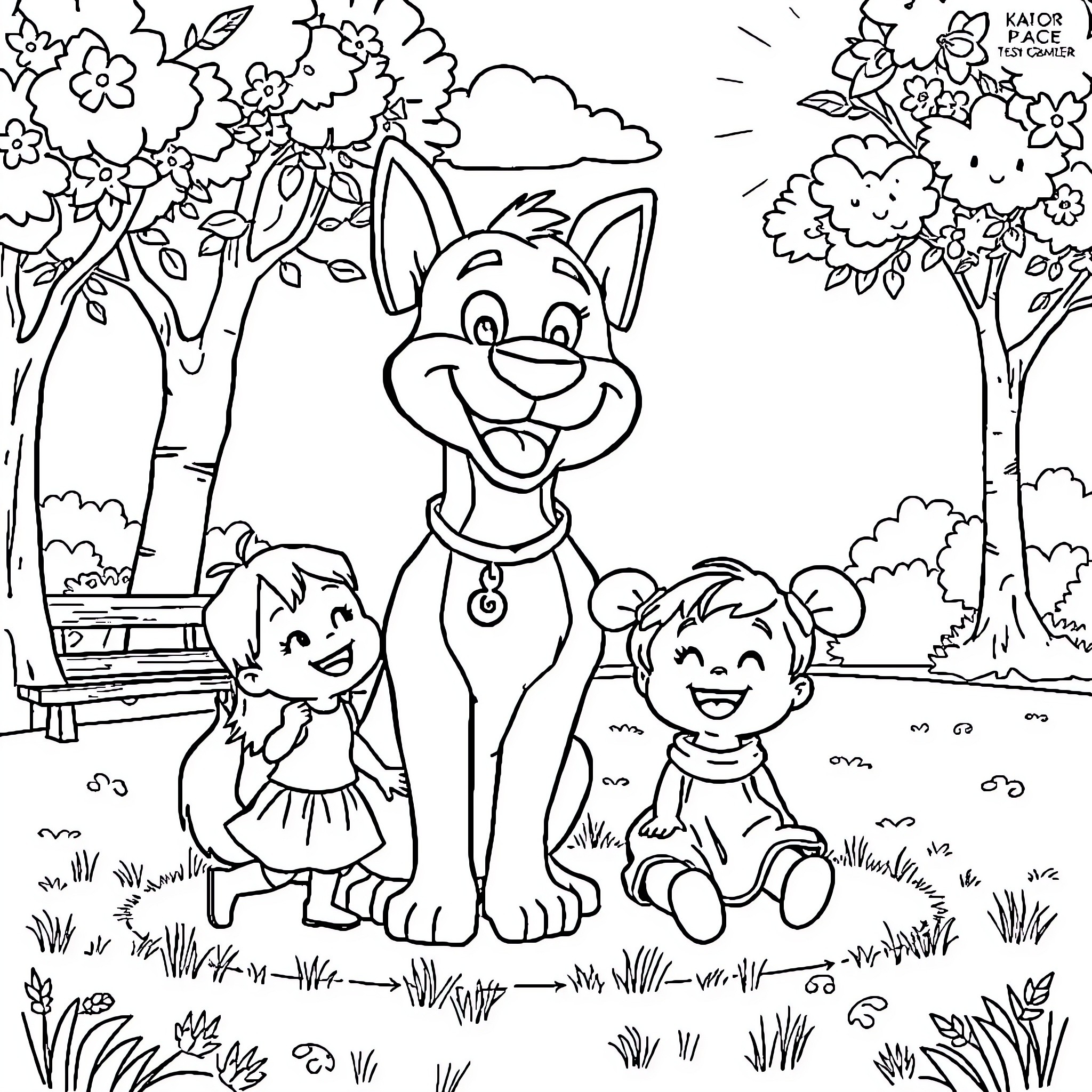 Bluey and friends playing in the park Coloring Page (free black-and-white line drawing printable PDF for all, from beginners to advanced learners, including children, teens, adults, and seniors)