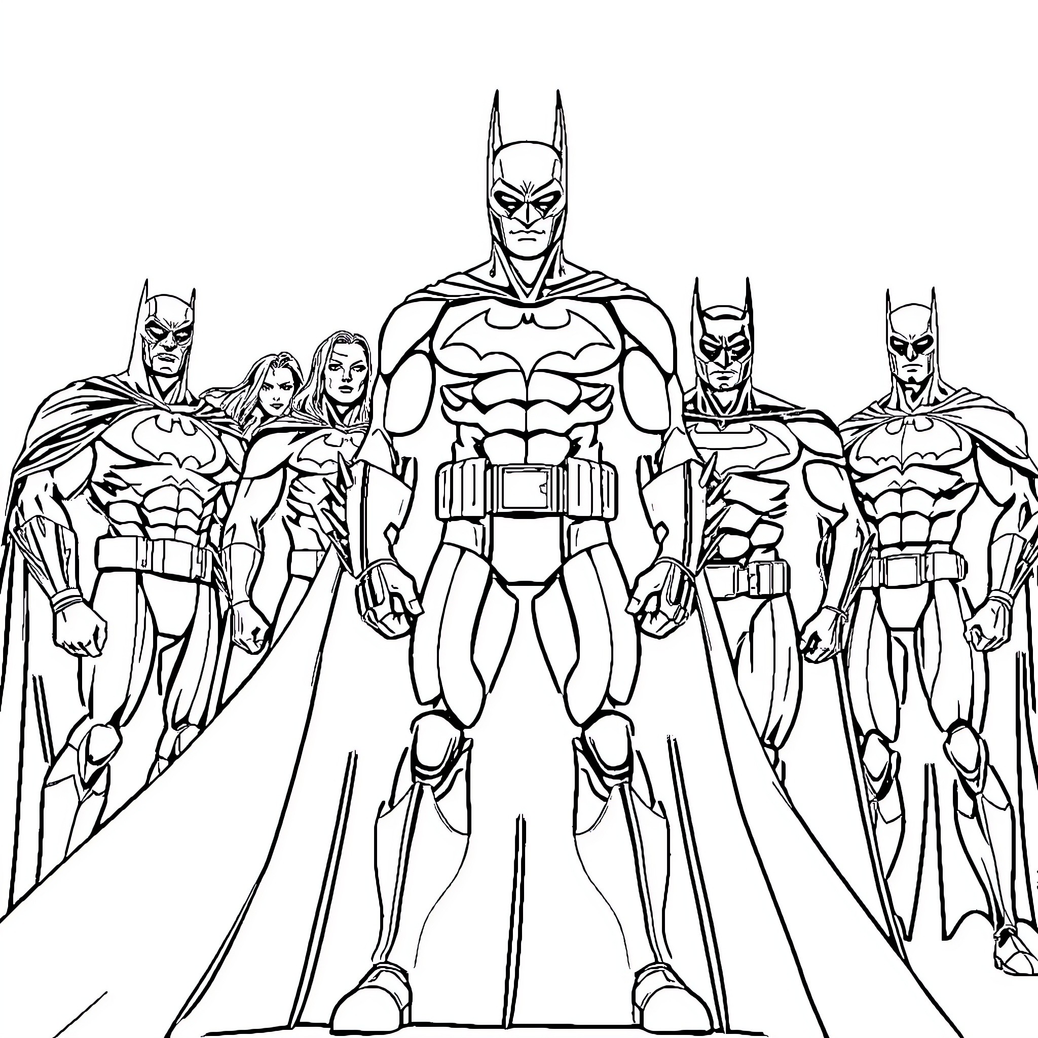 Batiman and his superhero squad in action Coloring Page (free black-and-white line drawing printable PDF for all, from beginners to advanced learners, including children, teens, adults, and seniors)