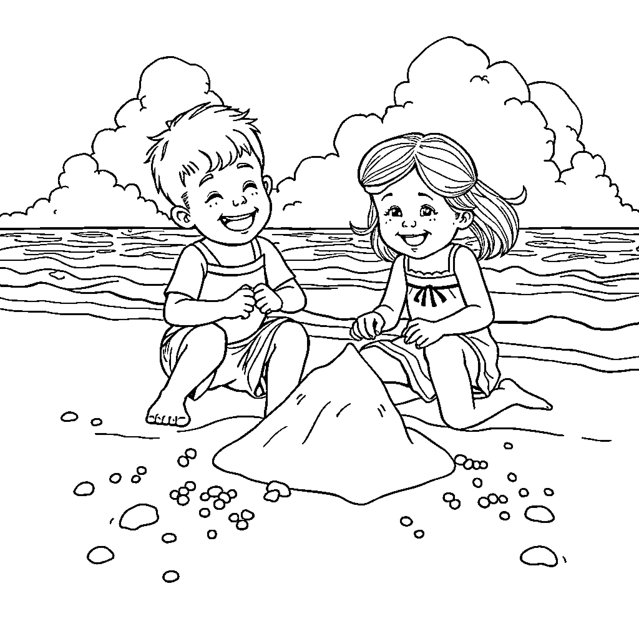 Child friends playing happily on the beach Coloring Page (free black-and-white line drawing printable PDF for all, from beginners to advanced learners, including children, teens, adults, and seniors)