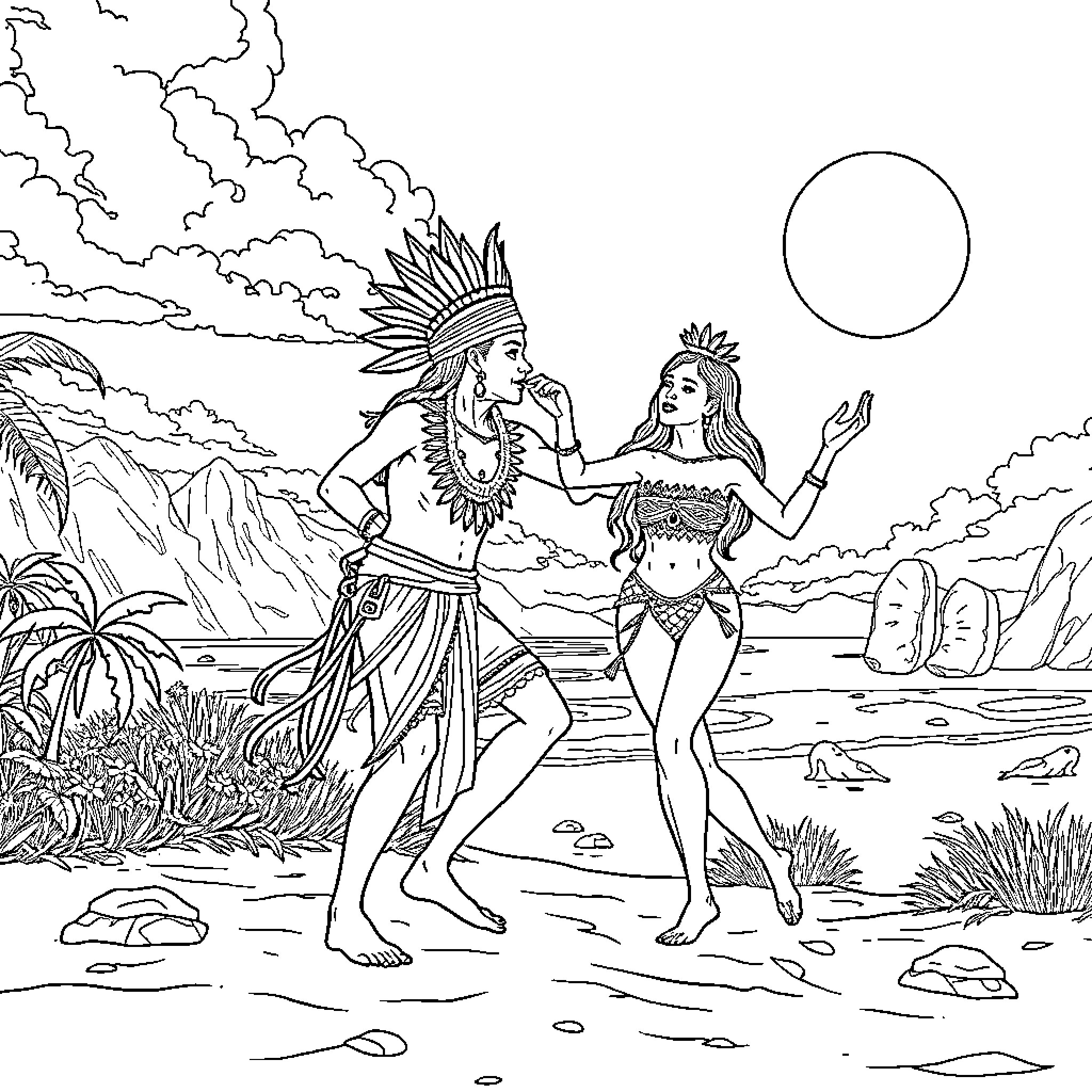 Varang Indigenous Tribal Dance in the Tropical Landscape Coloring Page (free black-and-white line drawing printable PDF for all, from beginners to advanced learners, including children, teens, adults, and seniors)