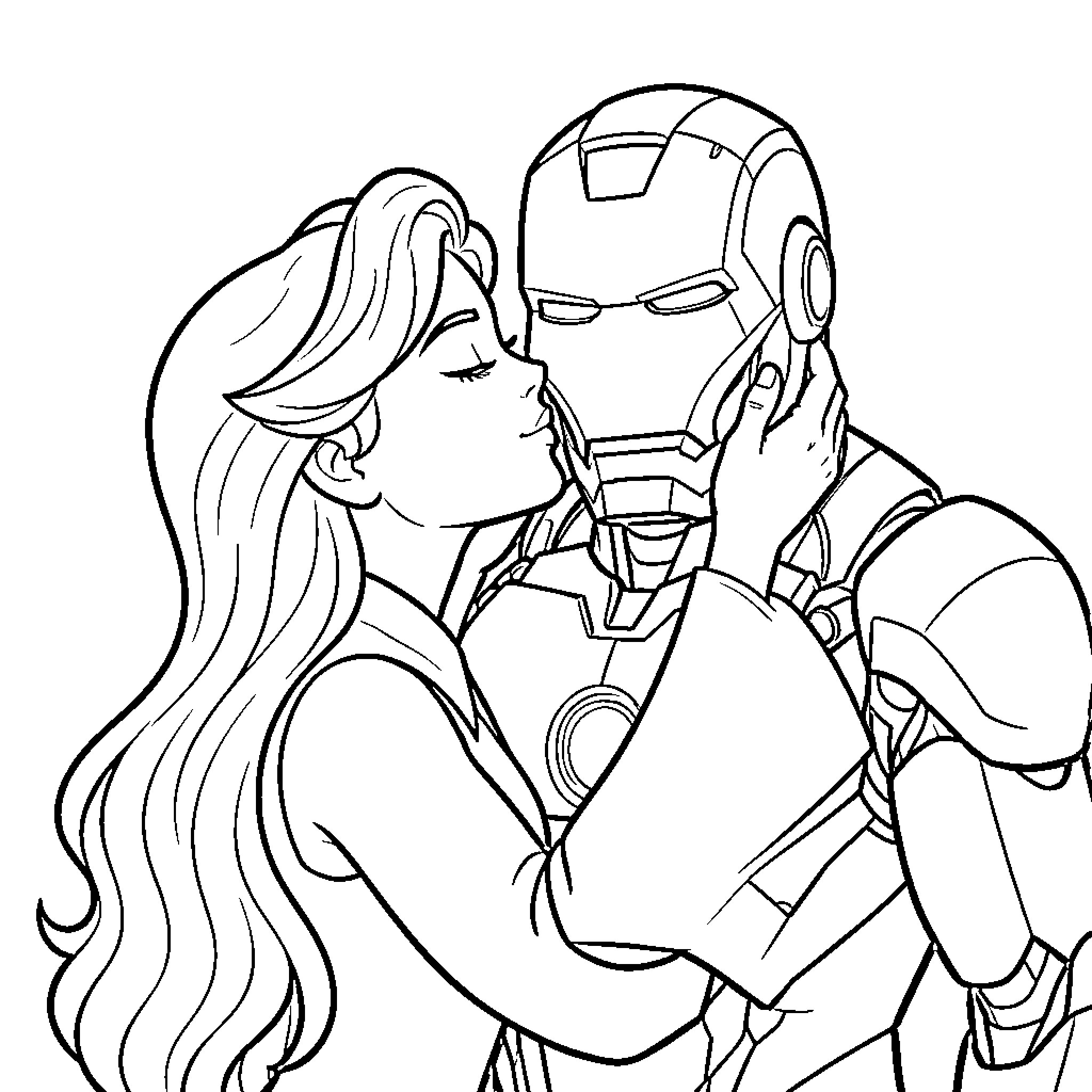 Elsa kissing a superhero in a romantic embrace Coloring Page (free black-and-white line drawing printable PDF for all, from beginners to advanced learners, including children, teens, adults, and seniors)