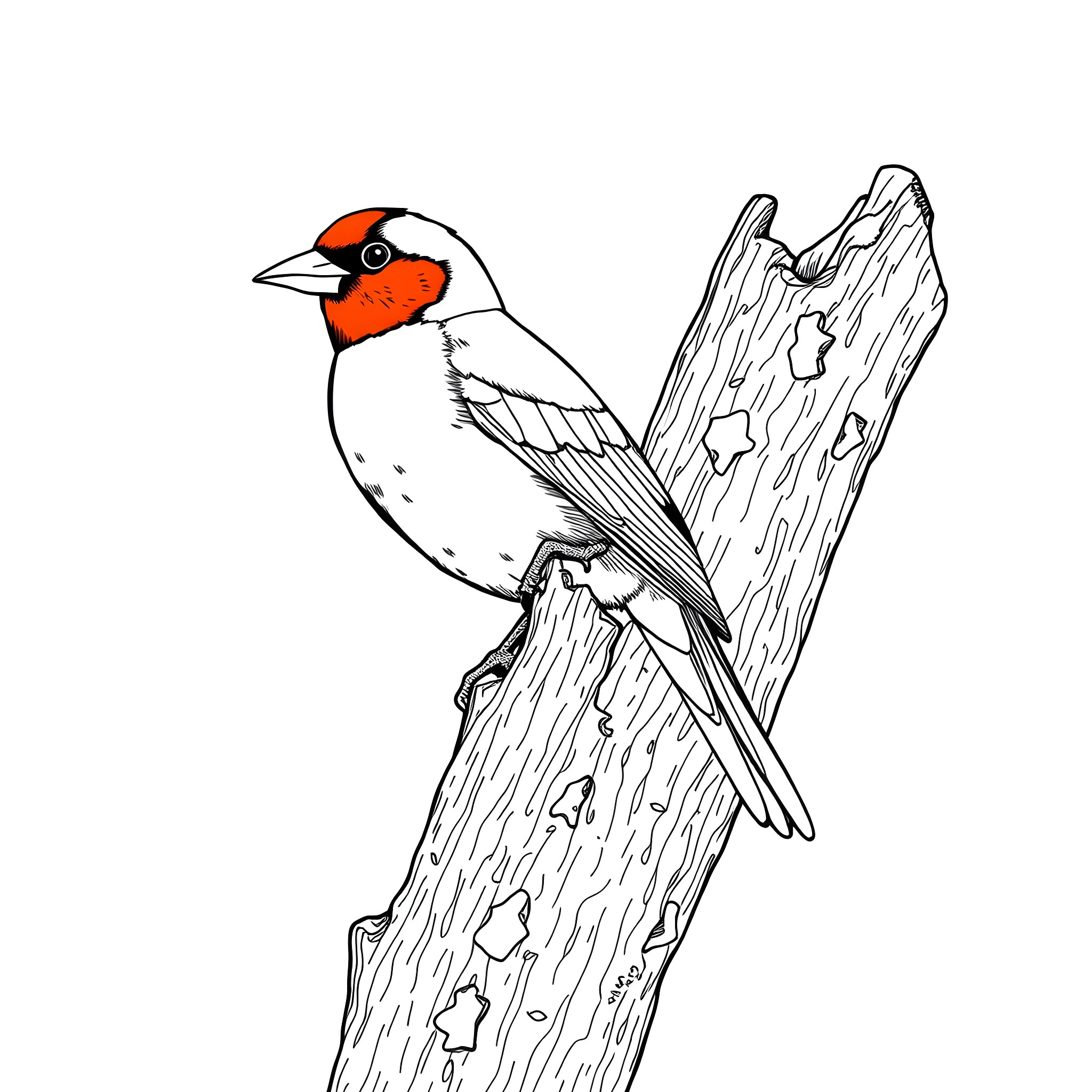 Gouldian Finch resting on a wooden perch Coloring Page (free black-and-white line drawing printable PDF for all, from beginners to advanced learners, including children, teens, adults, and seniors)