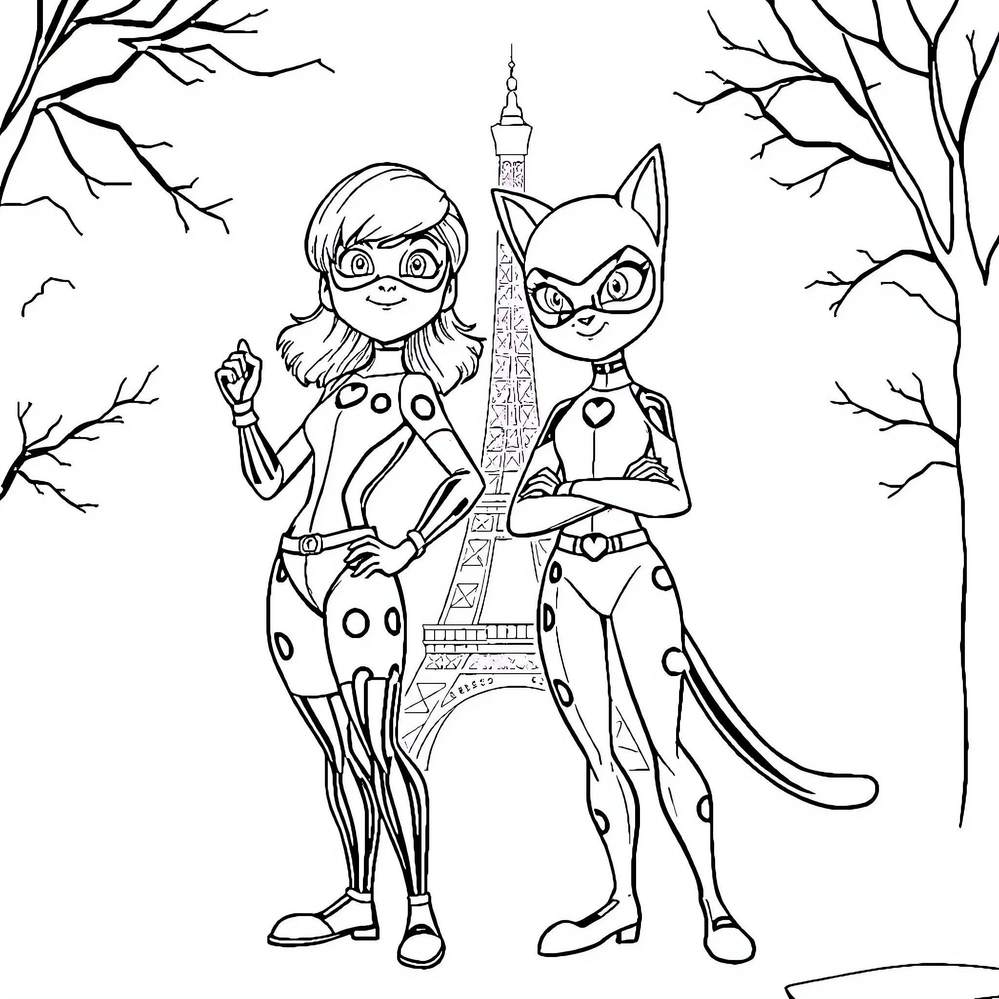 Ladybug and Chat Noir standing in front of the Eiffel Tower Coloring Page (free black-and-white line drawing printable PDF for all, from beginners to advanced learners, including children, teens, adults, and seniors)