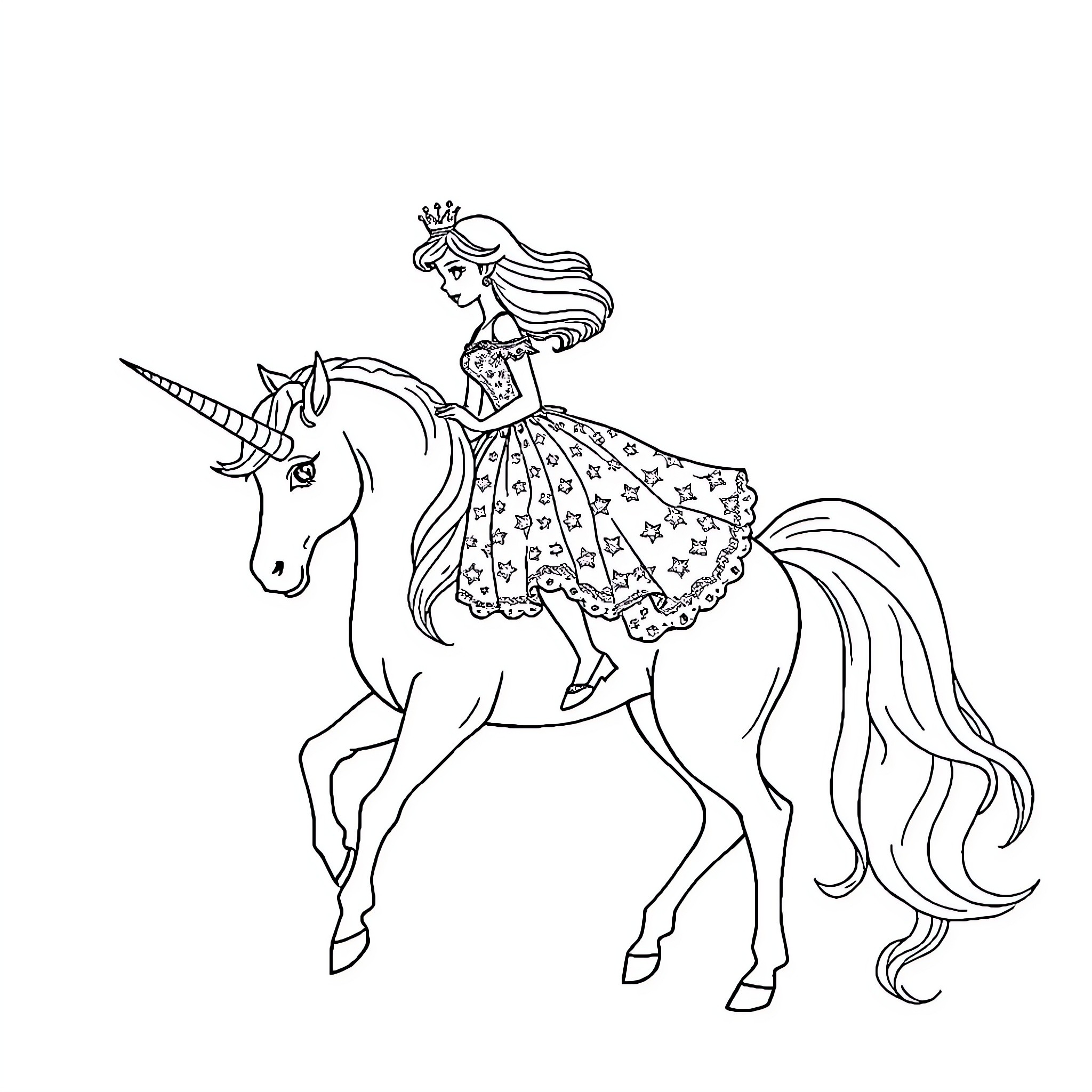 Princess riding a magical unicorn Coloring Page (free black-and-white line drawing printable PDF for all, from beginners to advanced learners, including children, teens, adults, and seniors)
