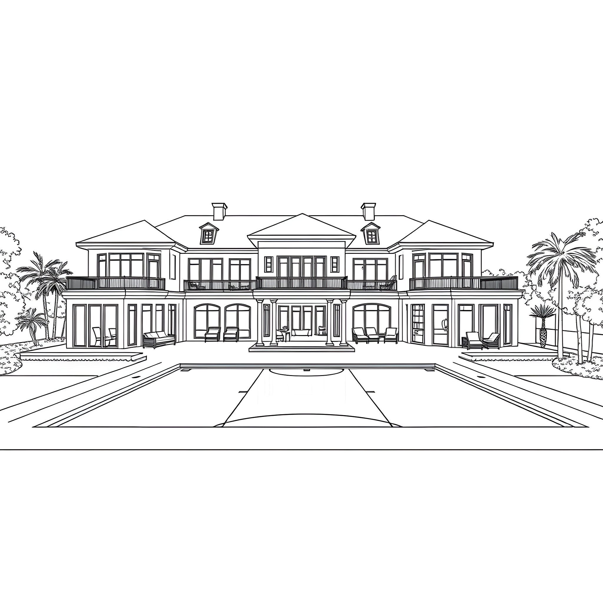 House with grand architectural design and lush surroundings Coloring Page (free black-and-white line drawing printable PDF for all, from beginners to advanced learners, including children, teens, adults, and seniors)