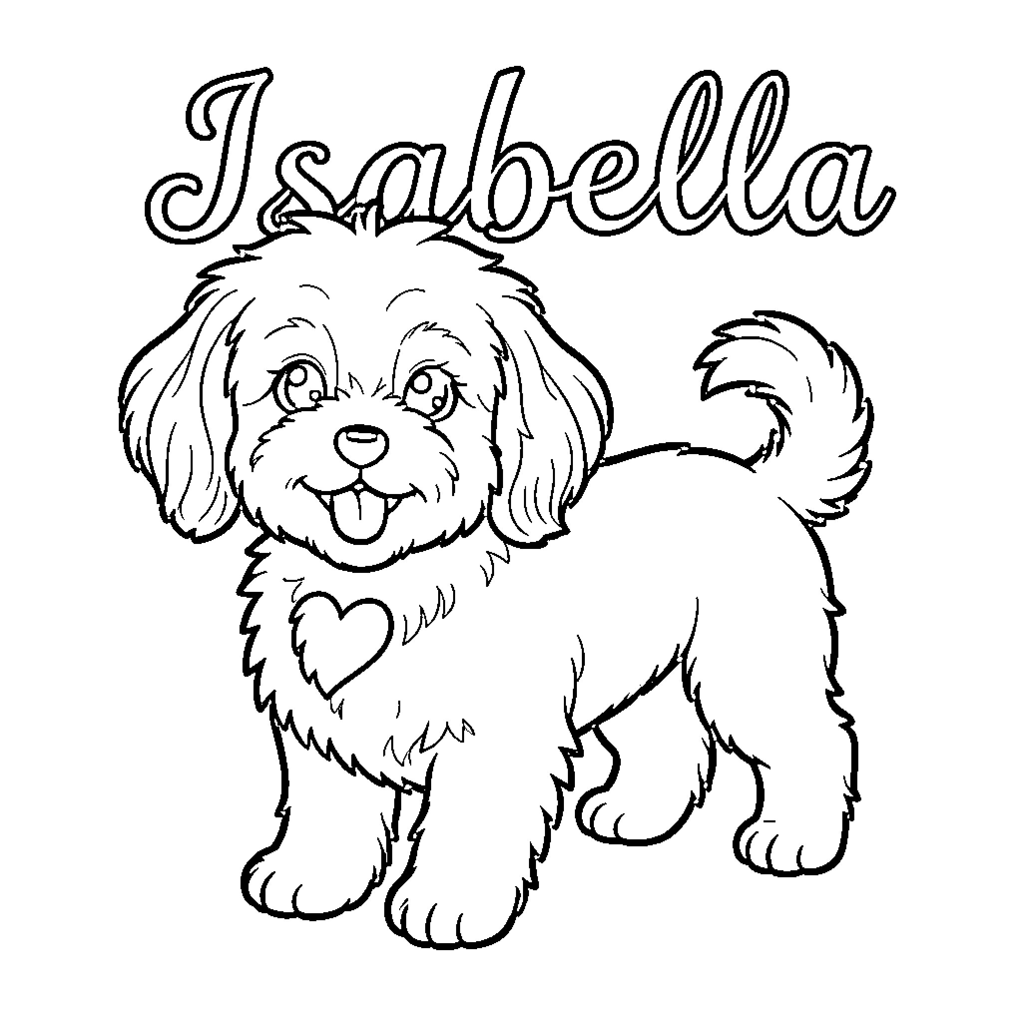 Cavapoo smiling happily with a heart on its chest Coloring Page (free black-and-white line drawing printable PDF for all, from beginners to advanced learners, including children, teens, adults, and seniors)
