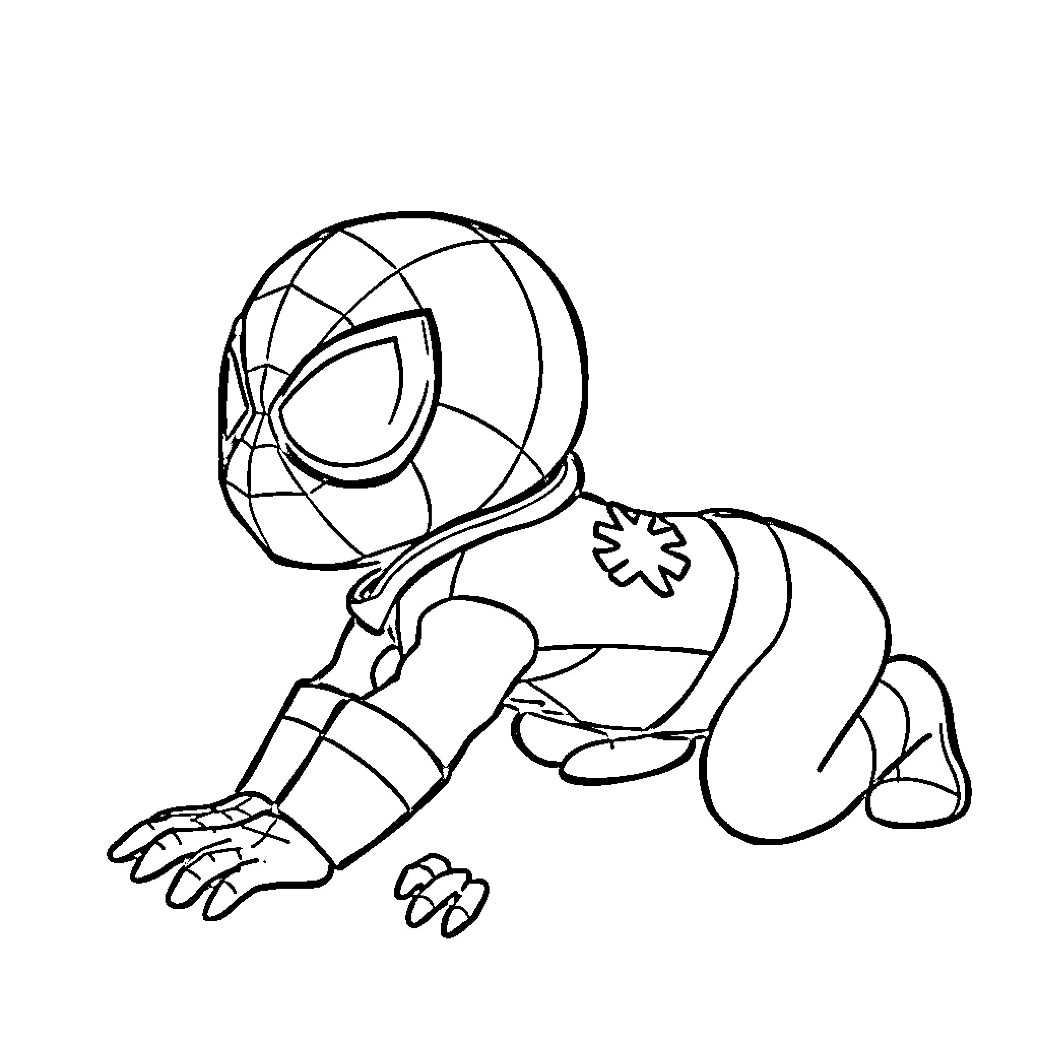 Baby Spiderman in crouching action pose Coloring Page (free black-and-white line drawing printable PDF for all, from beginners to advanced learners, including children, teens, adults, and seniors)
