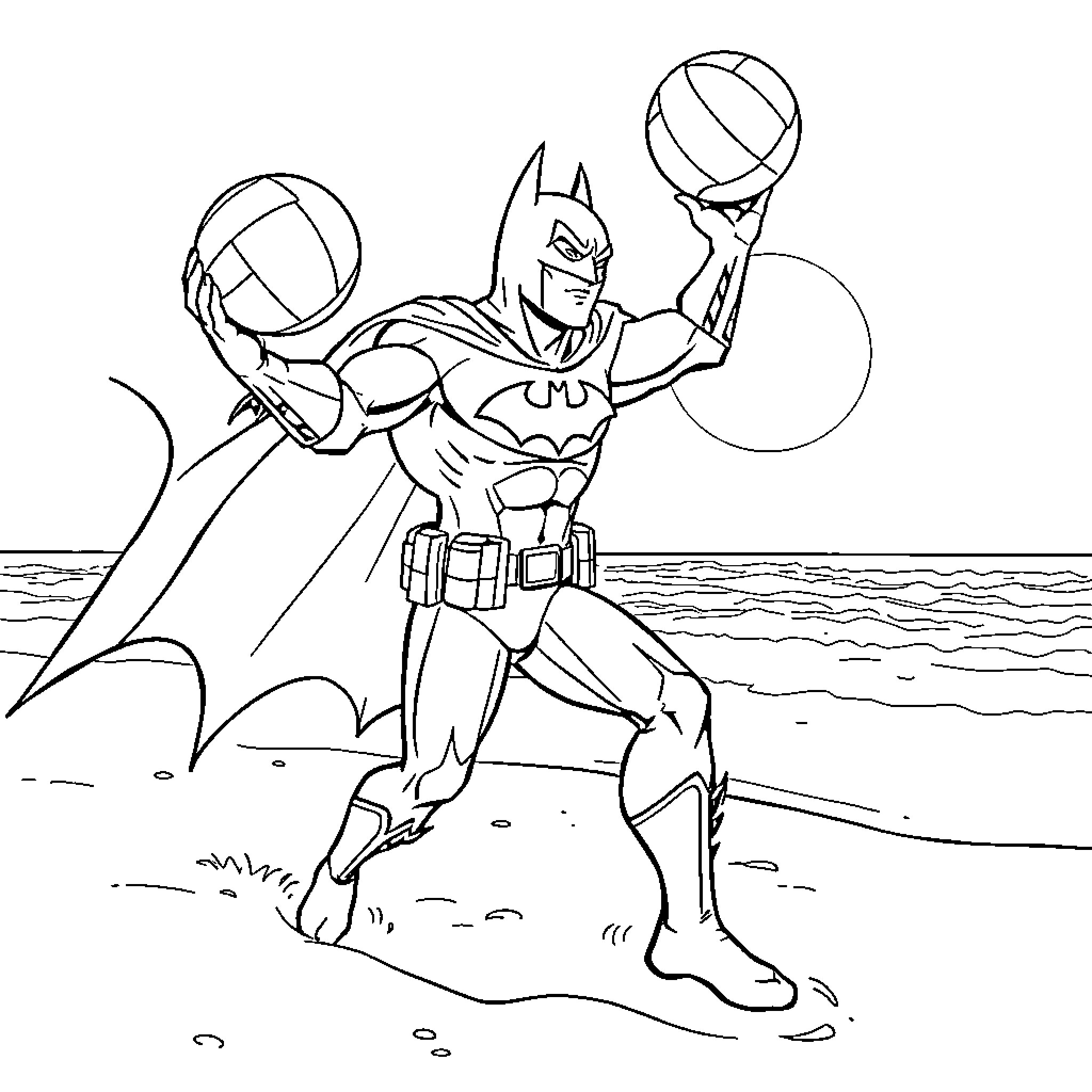 Batman Wielding Balls on the Beachfront Coloring Page (free black-and-white line drawing printable PDF for all, from beginners to advanced learners, including children, teens, adults, and seniors)
