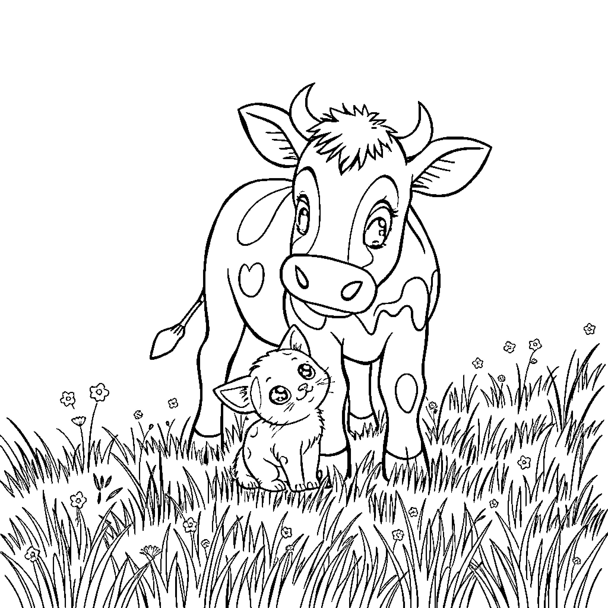 Cow and kitten playing in the grass Coloring Page (free black-and-white line drawing printable PDF for all, from beginners to advanced learners, including children, teens, adults, and seniors)