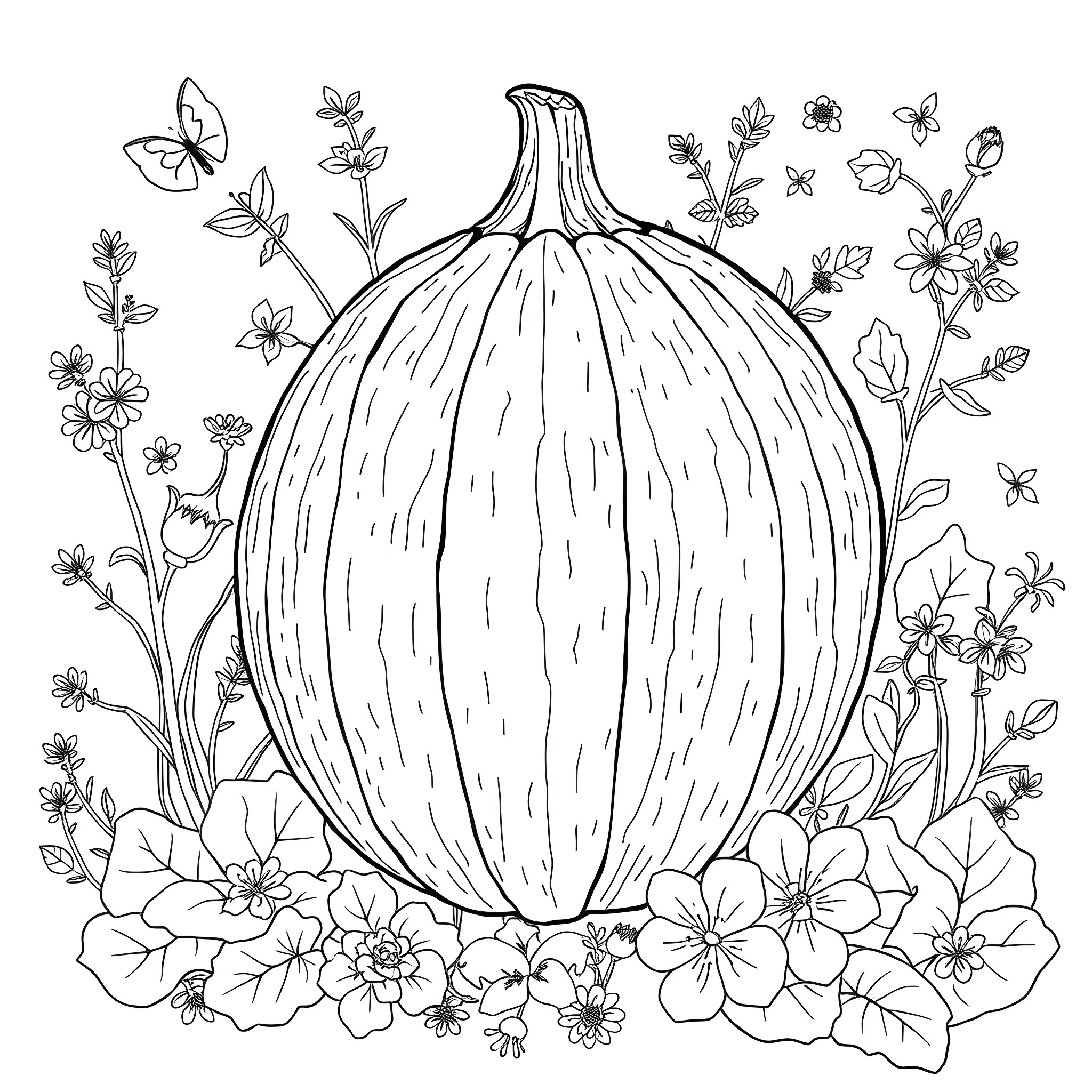 Praecitrullus Fistulosus: A Whimsical Pumpkin Amidst Floral Splendor Coloring Page (free black-and-white line drawing printable PDF for all, from beginners to advanced learners, including children, teens, adults, and seniors)