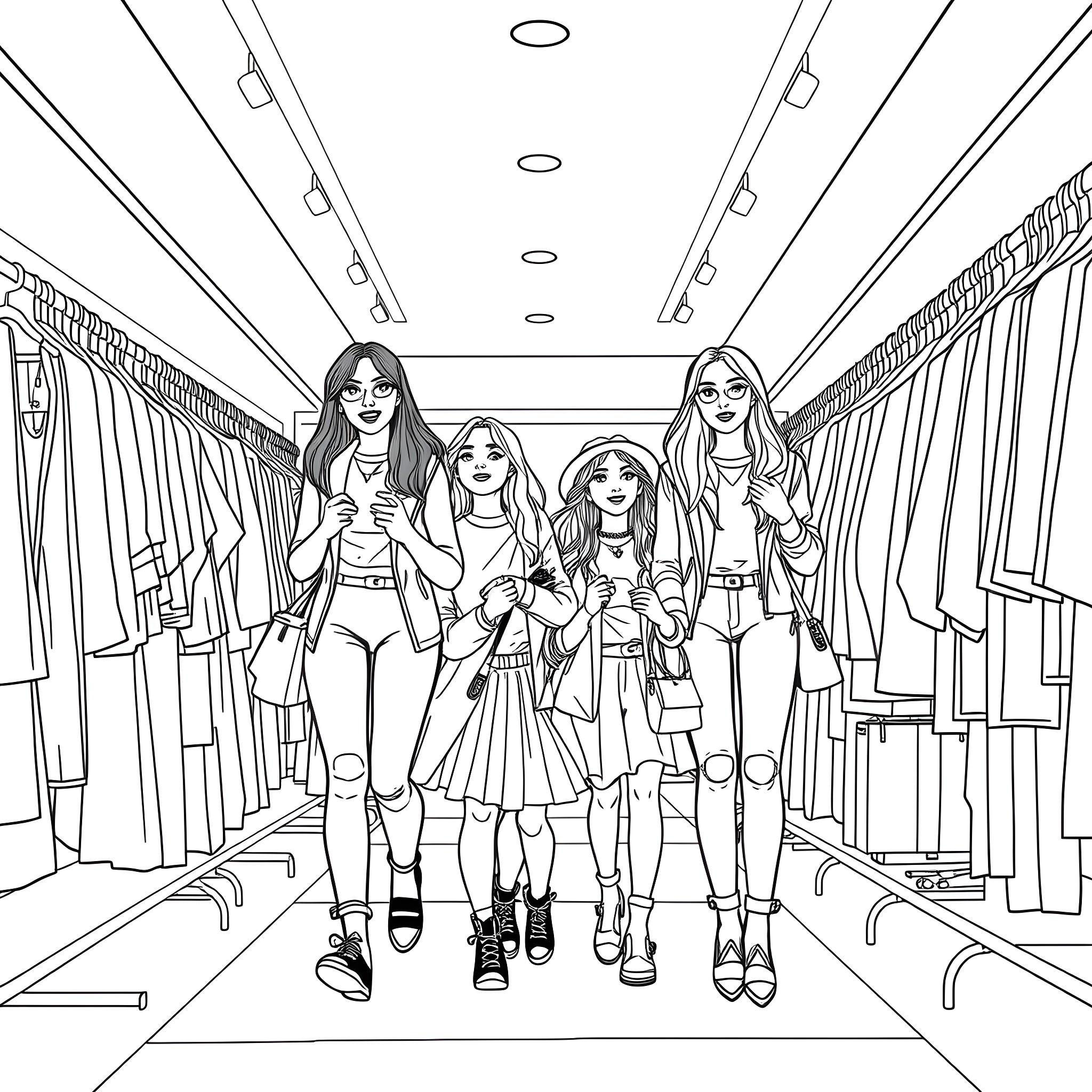 Family of friends shopping in a clothing store Coloring Page (free black-and-white line drawing printable PDF for all, from beginners to advanced learners, including children, teens, adults, and seniors)