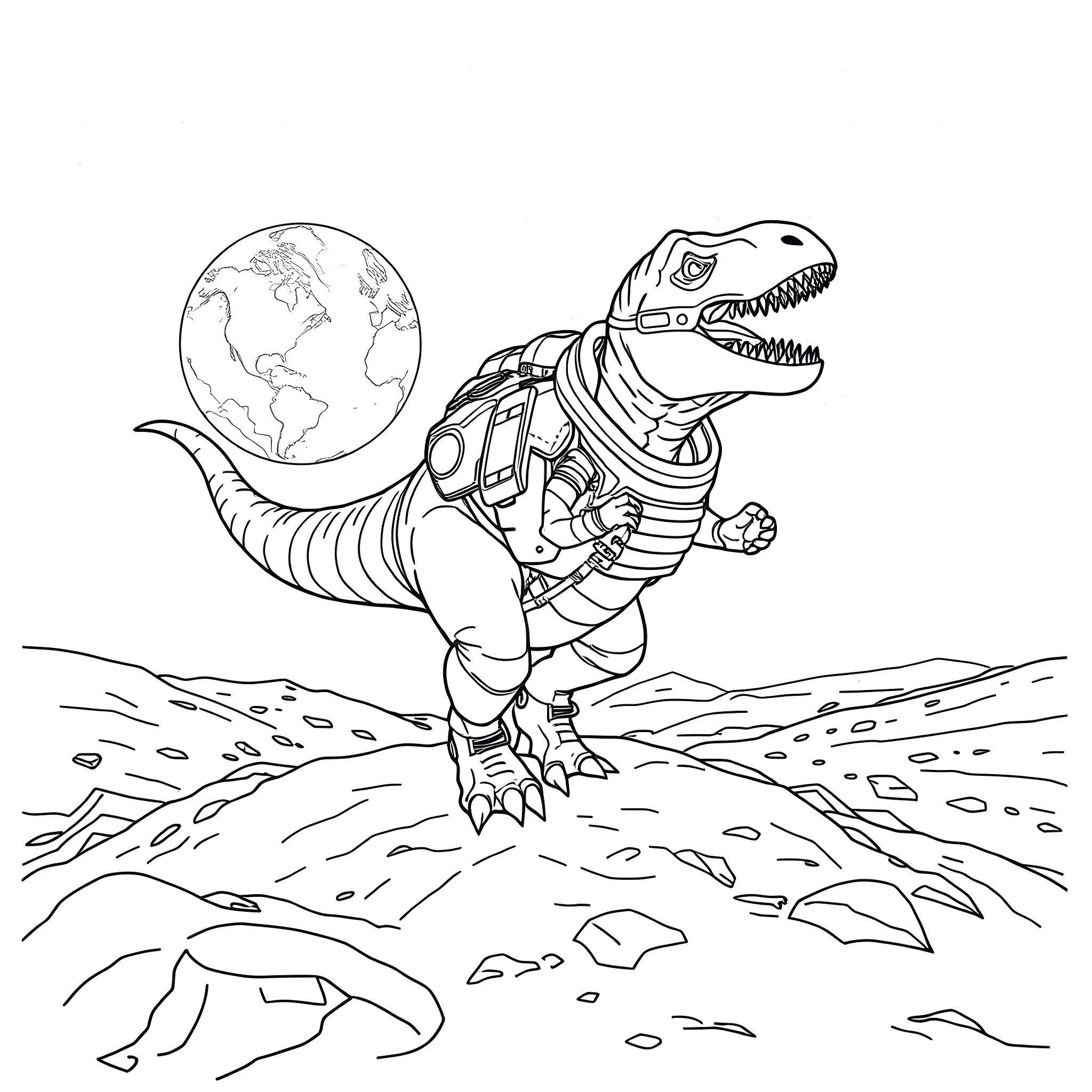 T-Rex astronaut exploring the planet in a spacesuit Coloring Page (free black-and-white line drawing printable PDF for all, from beginners to advanced learners, including children, teens, adults, and seniors)