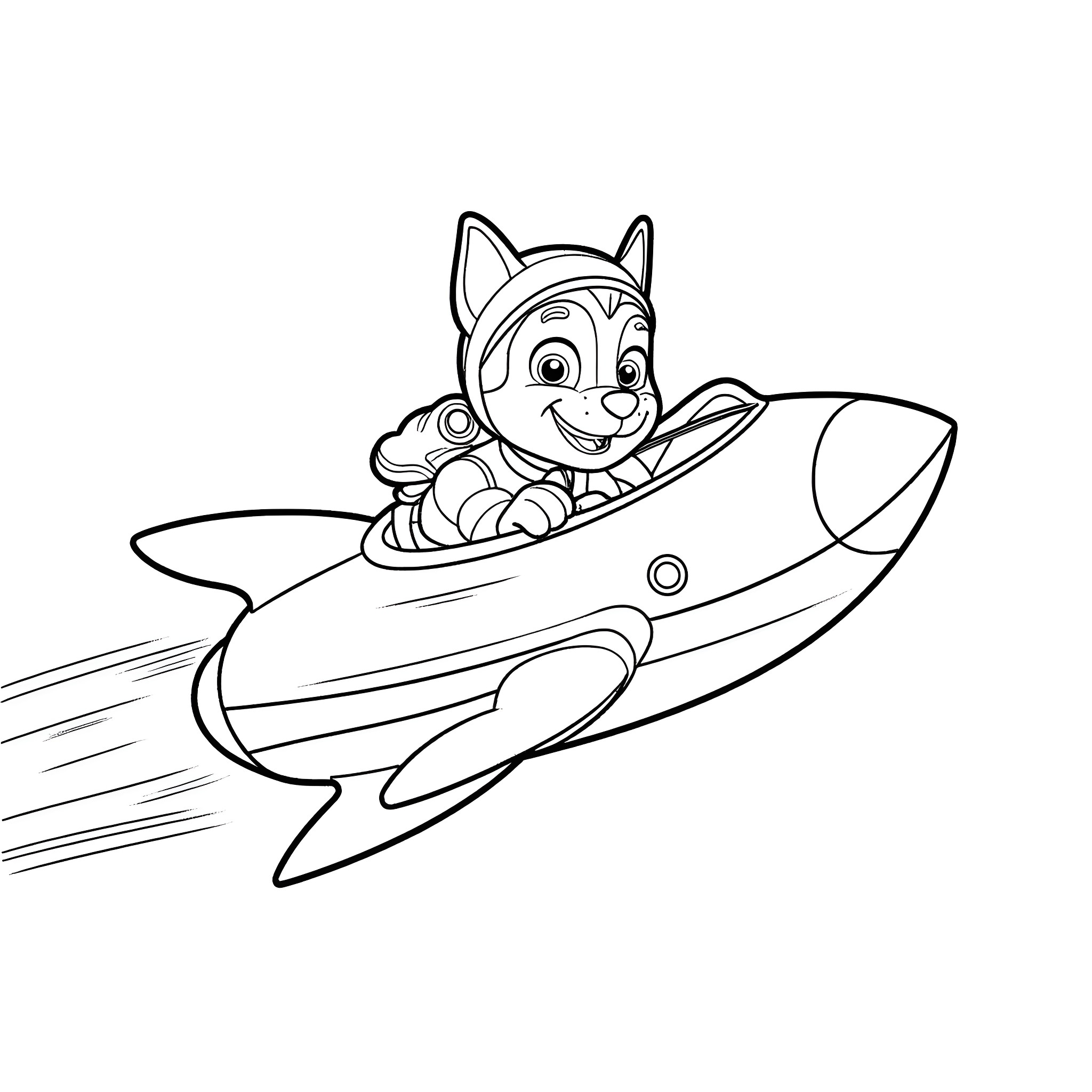 Chase the pup in the rocket ship adventure Coloring Page (free black-and-white line drawing printable PDF for all, from beginners to advanced learners, including children, teens, adults, and seniors)