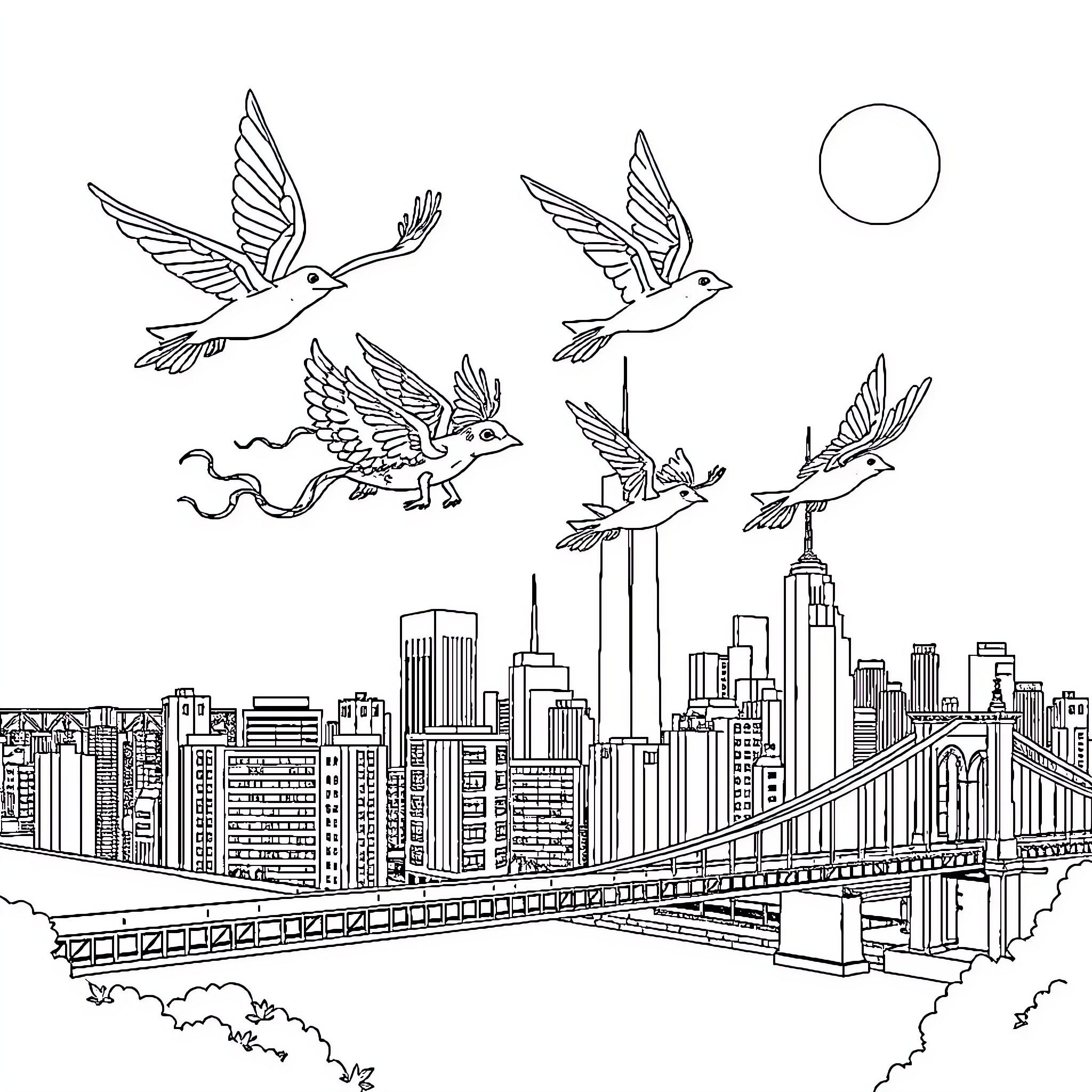 Fantastic Four Winged Creatures Soar over Cityscape Coloring Page (free black-and-white line drawing printable PDF for all, from beginners to advanced learners, including children, teens, adults, and seniors)