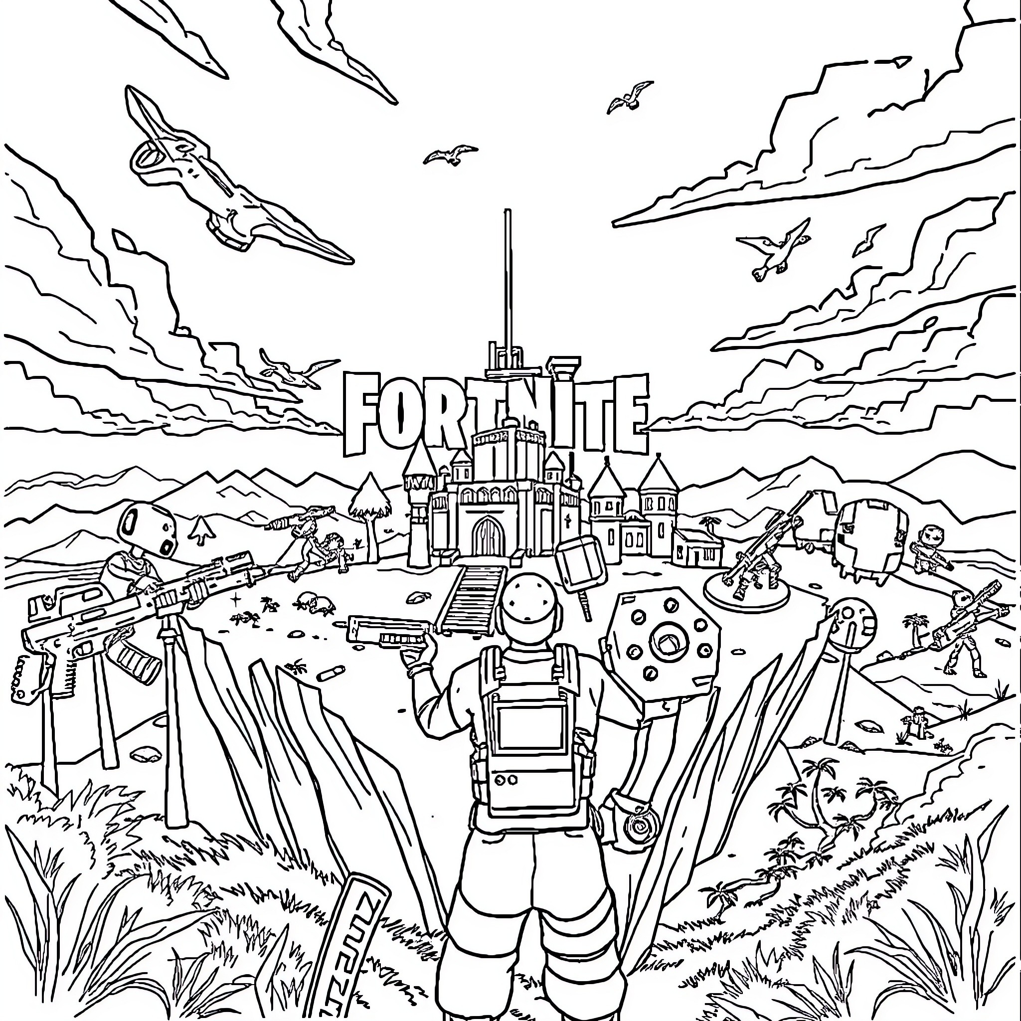 Fortnite Bustling Landscape with Characters and Structures Coloring Page (free black-and-white line drawing printable PDF for all, from beginners to advanced learners, including children, teens, adults, and seniors)