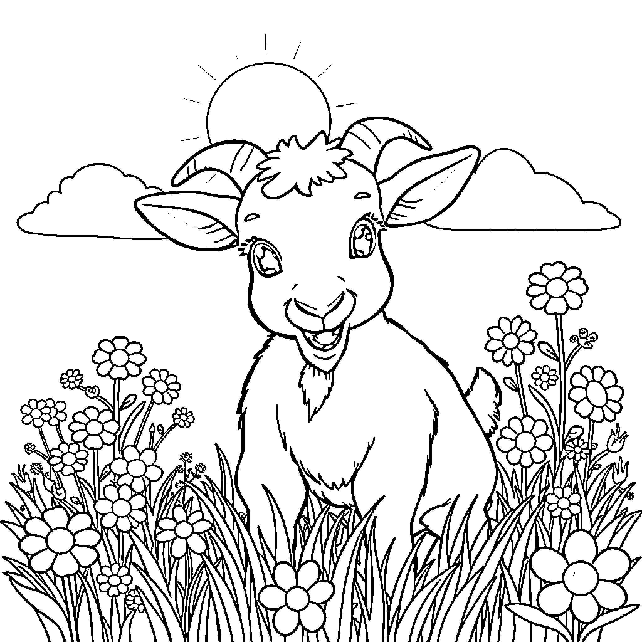 Goat enjoying the sunny day in a flowery meadow Coloring Page (free black-and-white line drawing printable PDF for all, from beginners to advanced learners, including children, teens, adults, and seniors)