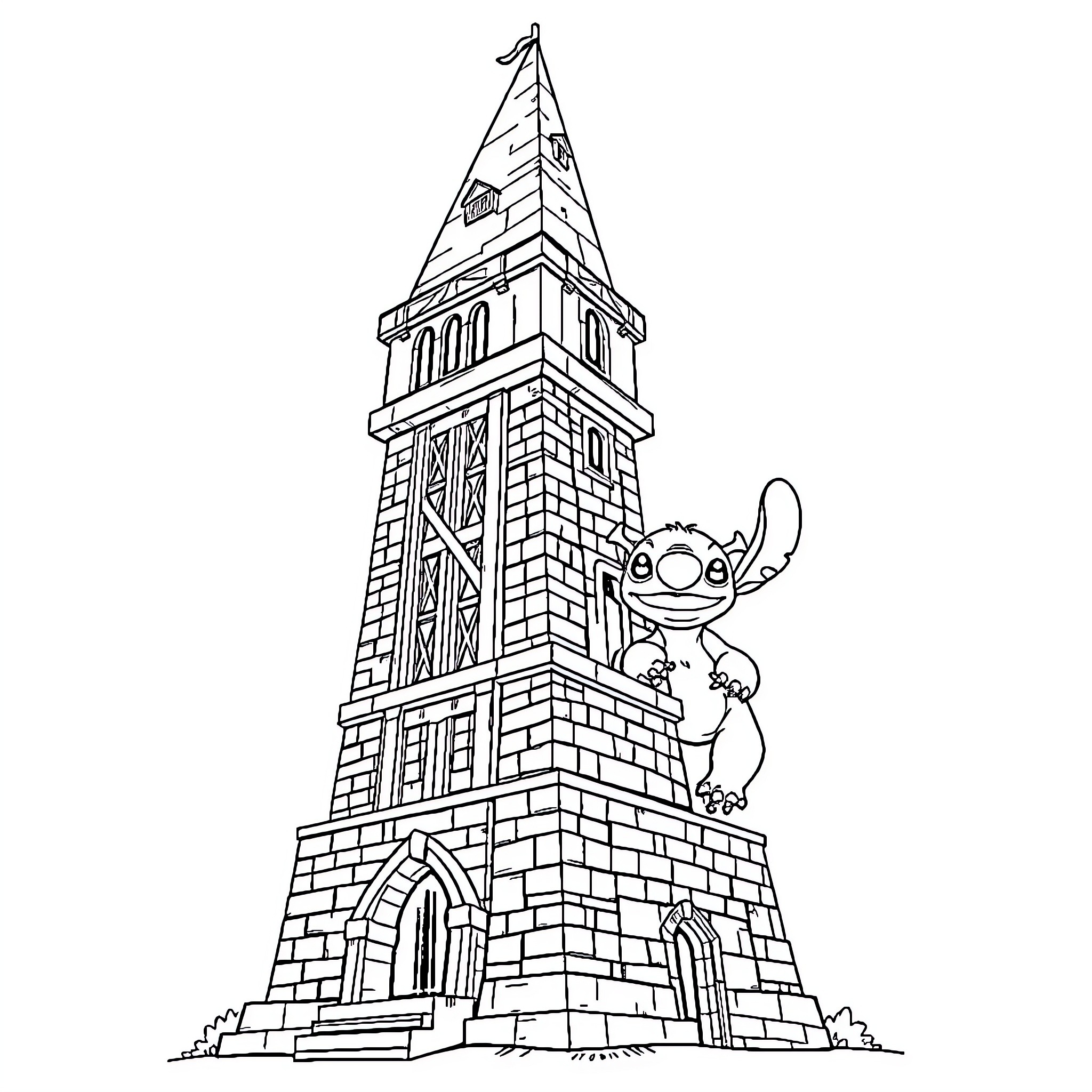Tower with a Smiling Creature at the Top Coloring Page (free black-and-white line drawing printable PDF for all, from beginners to advanced learners, including children, teens, adults, and seniors)