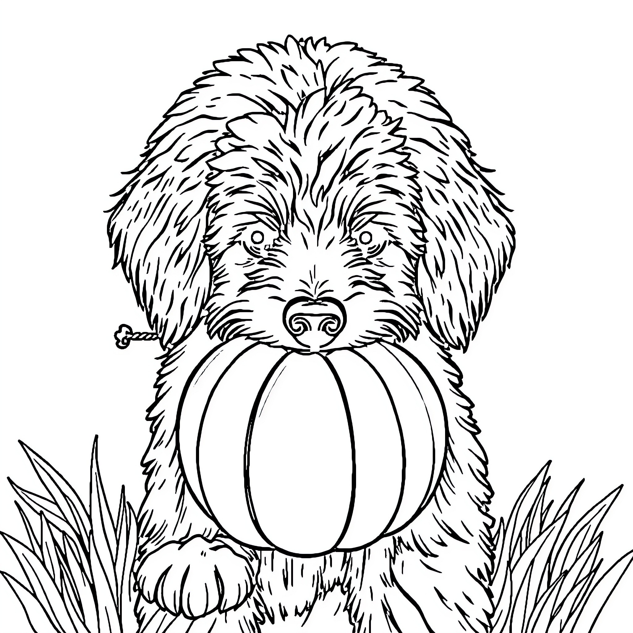 Doodle of Playful Puppy with Pumpkin Coloring Page (free black-and-white line drawing printable PDF for all, from beginners to advanced learners, including children, teens, adults, and seniors)