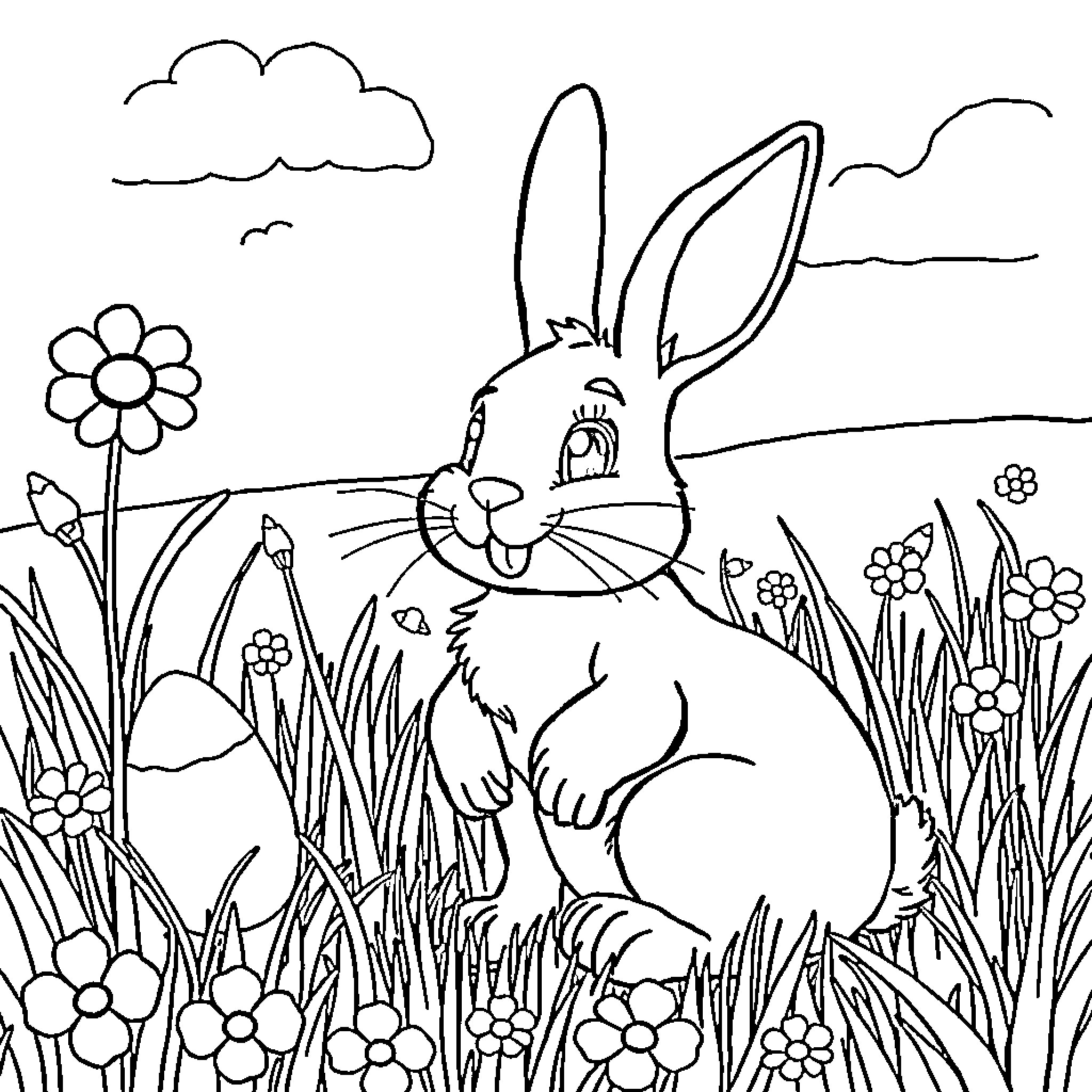 Rabbit resting in a peaceful garden Coloring Page (free black-and-white line drawing printable PDF for all, from beginners to advanced learners, including children, teens, adults, and seniors)