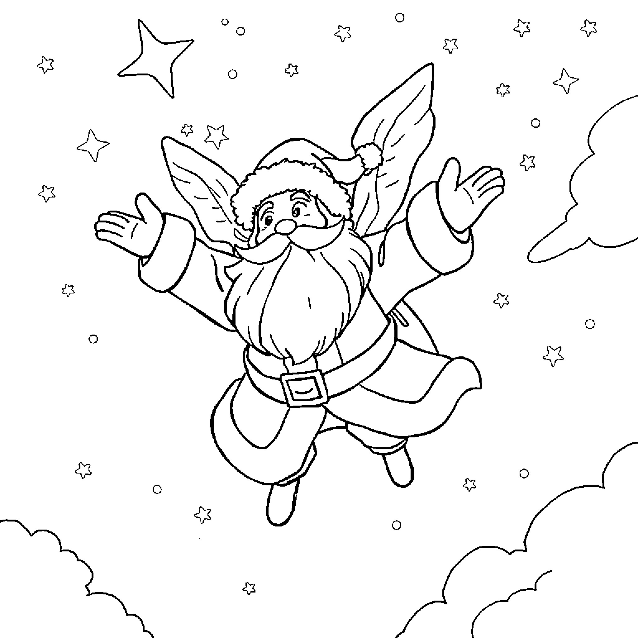 Santa Claus flying joyfully in the starry night Coloring Page (free black-and-white line drawing printable PDF for all, from beginners to advanced learners, including children, teens, adults, and seniors)