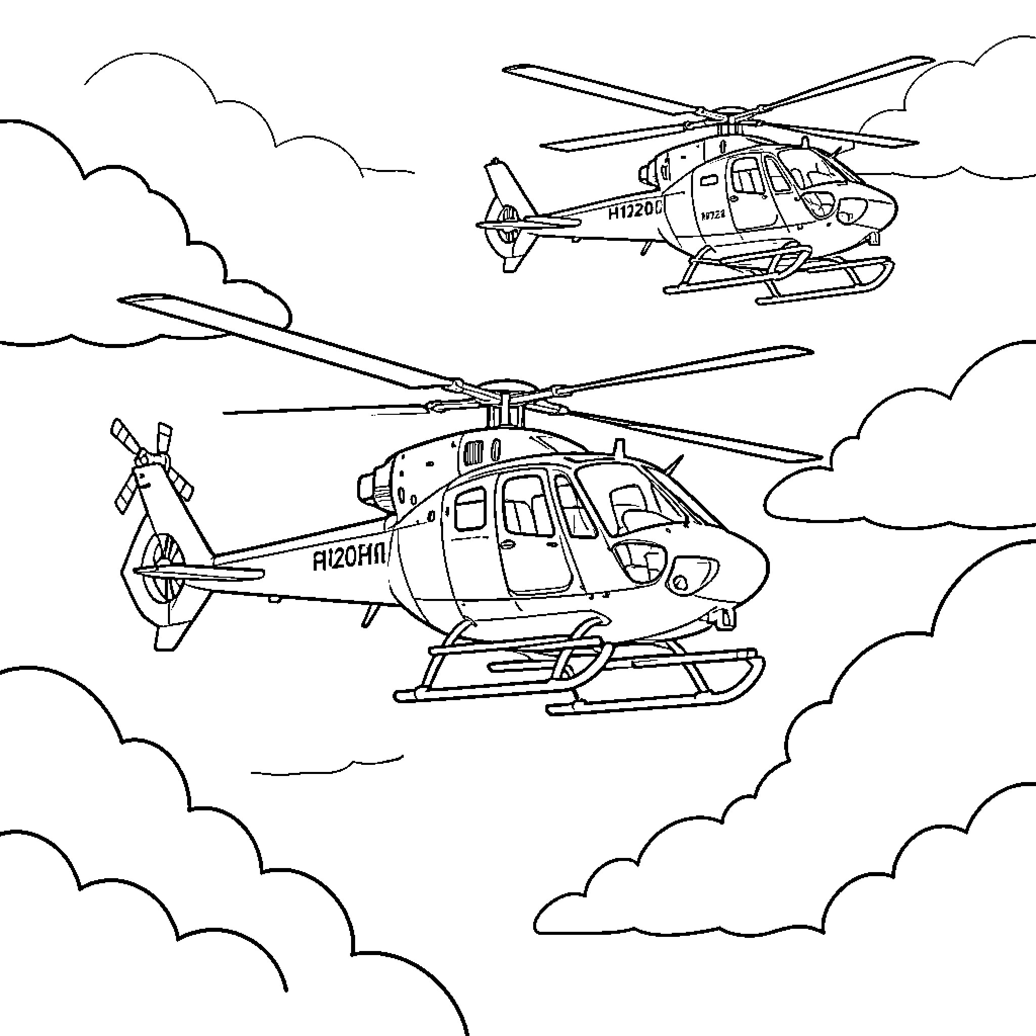 Helicopter flying through the fluffy clouds Coloring Page (free black-and-white line drawing printable PDF for all, from beginners to advanced learners, including children, teens, adults, and seniors)