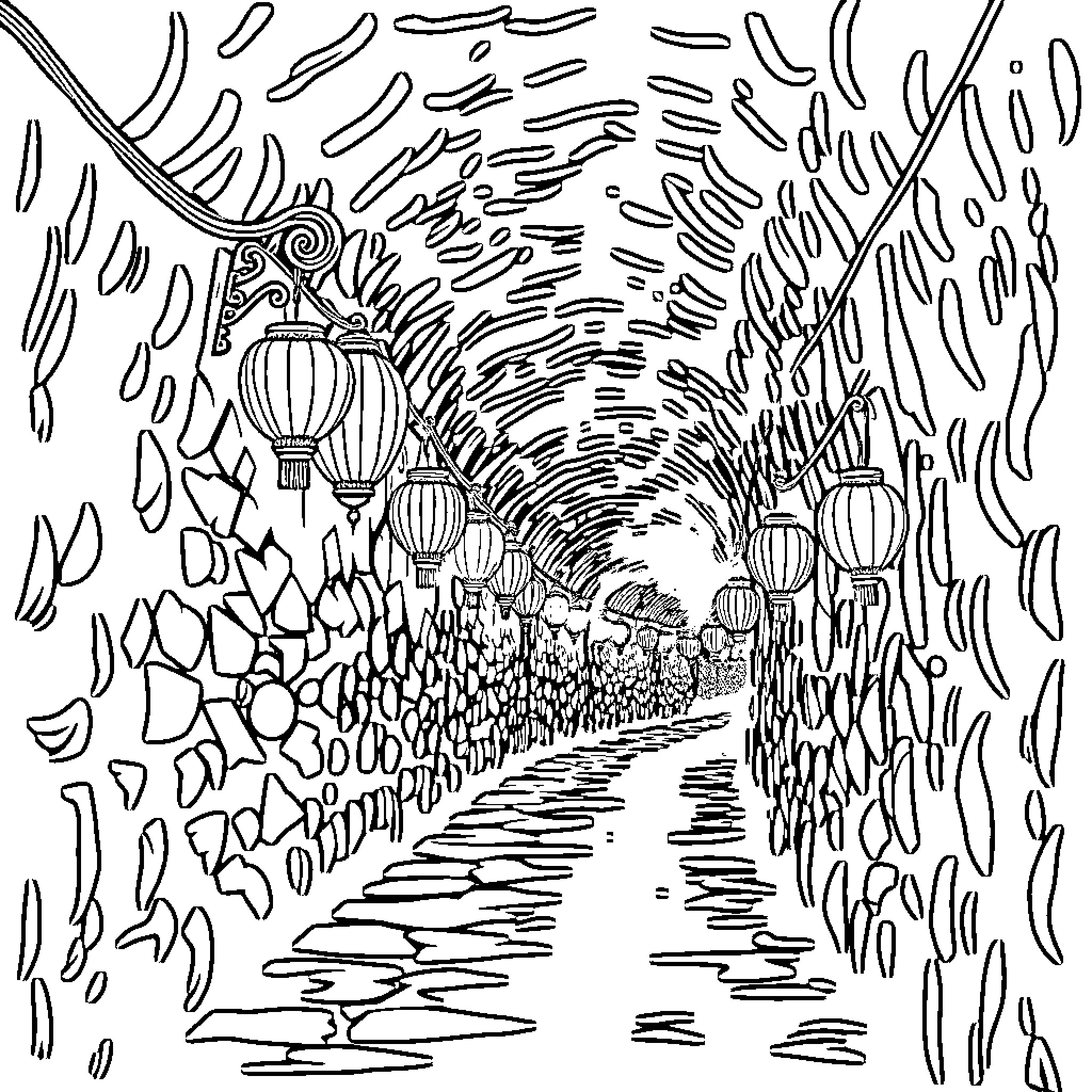 Tunnel of Lanterns and Foliage Coloring Page (free black-and-white line drawing printable PDF for all, from beginners to advanced learners, including children, teens, adults, and seniors)