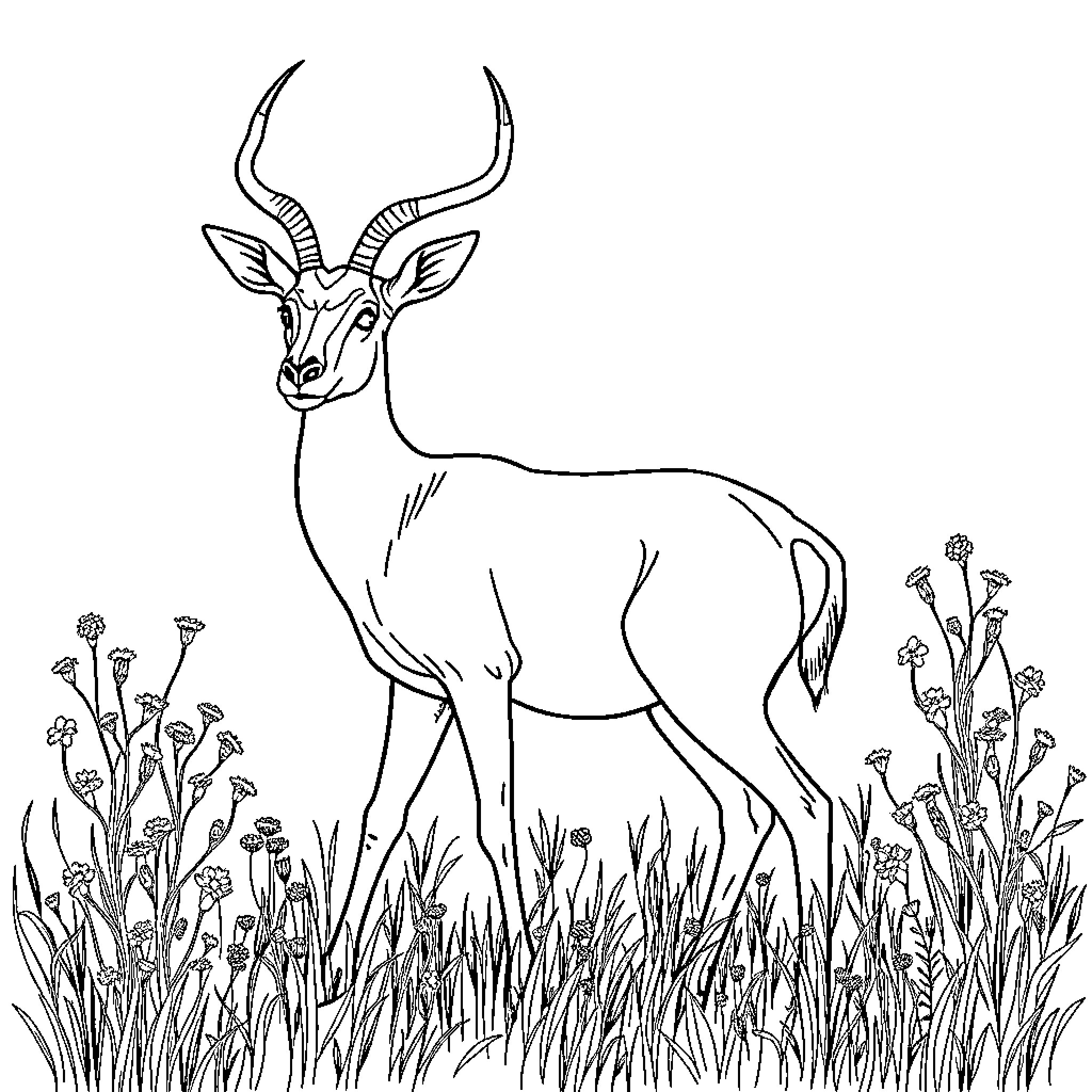 Antelope standing amidst grass and wildflowers Coloring Page (free black-and-white line drawing printable PDF for all, from beginners to advanced learners, including children, teens, adults, and seniors)