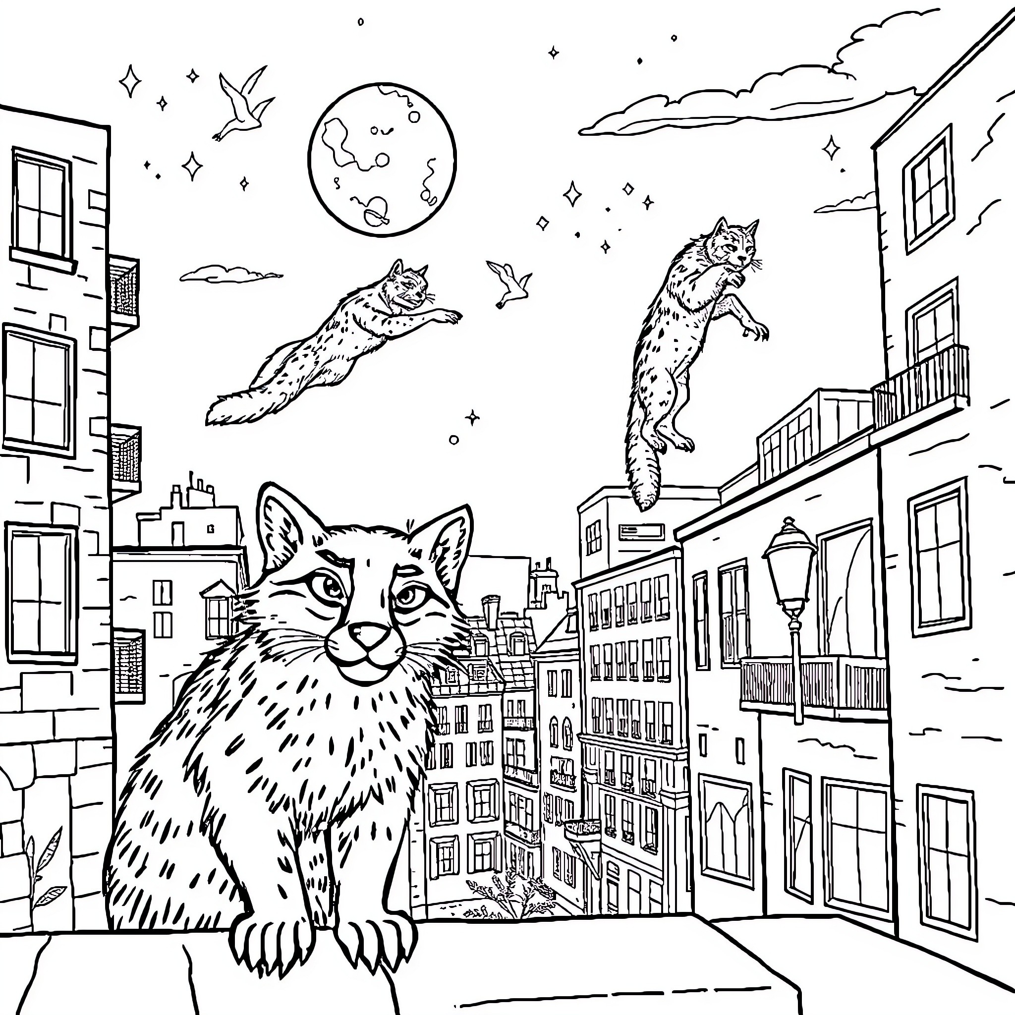 Fox and Wolf exploring the city skyline Coloring Page (free black-and-white line drawing printable PDF for all, from beginners to advanced learners, including children, teens, adults, and seniors)